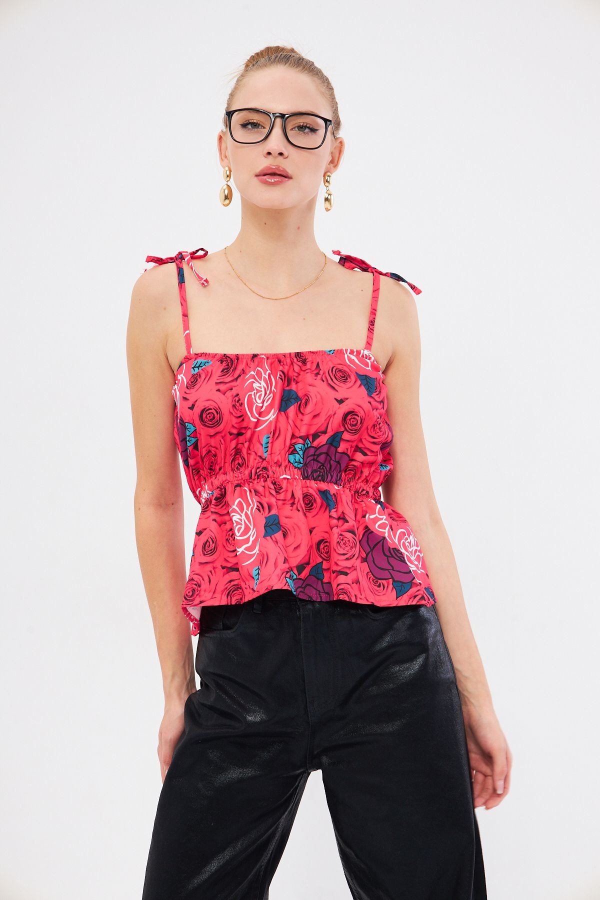Kadın Koyu Pembe Desenli Beli Lastikli Askıları Bağlama Detaylı Straplez Crop Bluz ARM-24Y001116