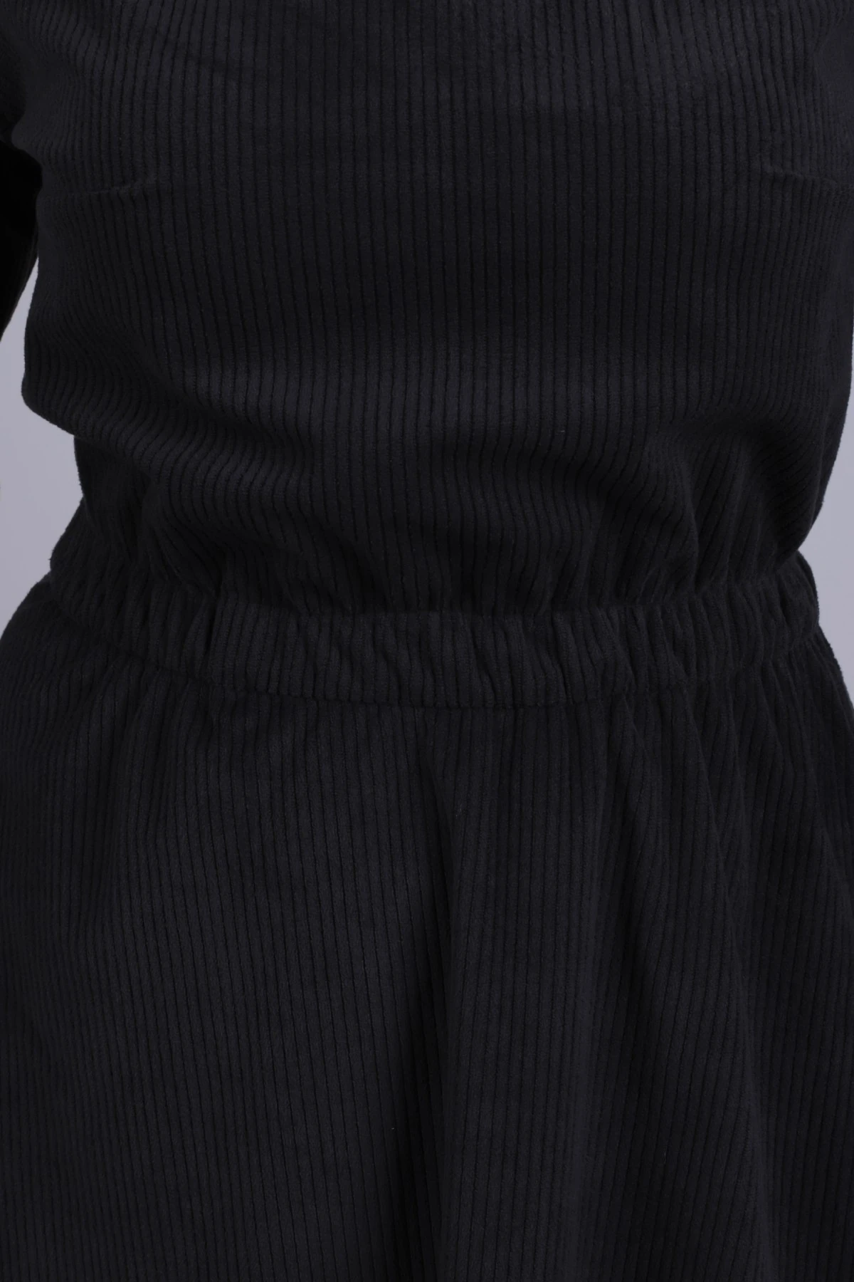 Kadın Antrasit Kadife V Yaka Beli Lastikli İnce Fitilli Kloş Elbise ARM-25K001049