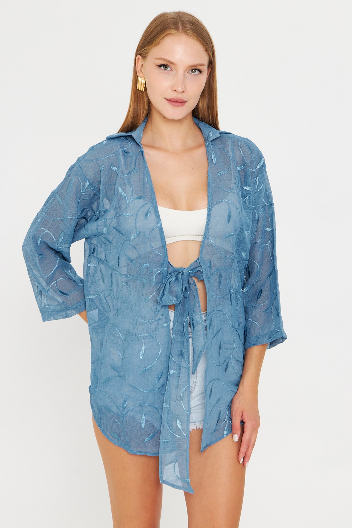 Kadın Açık Mavi Önden Bağlamalı Kimono Gömlek ARM-25Y001108