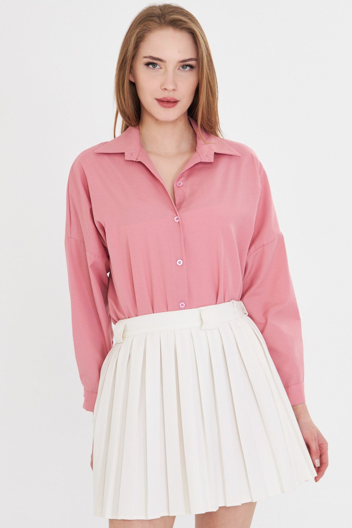 Kadın Açık Pembe Oversize Uzun Basic Gömlek ARM-22Y001118