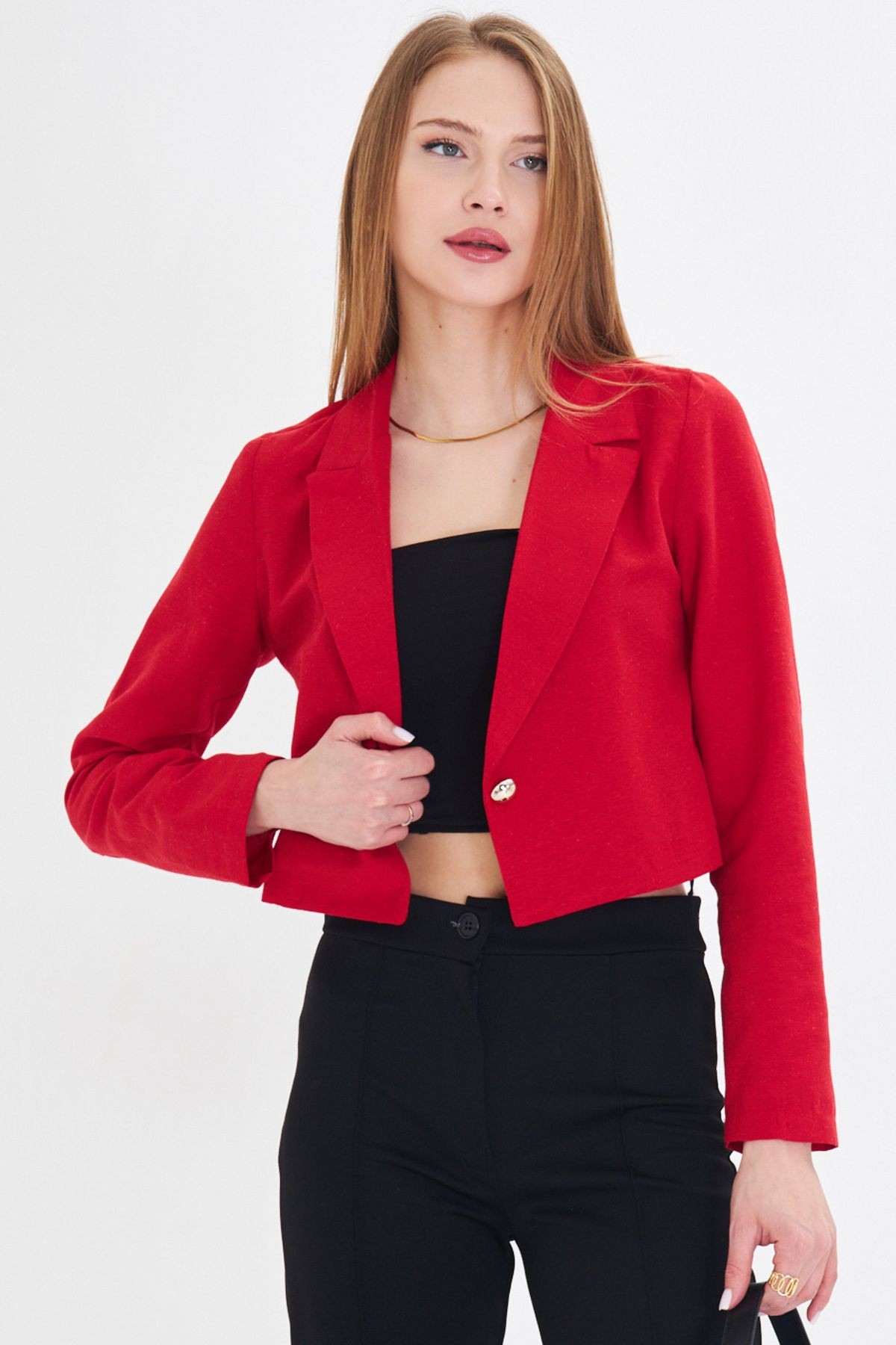 Kadın Kırmızı Tek Düğmeli Crop Ceket ARM-23Y001064