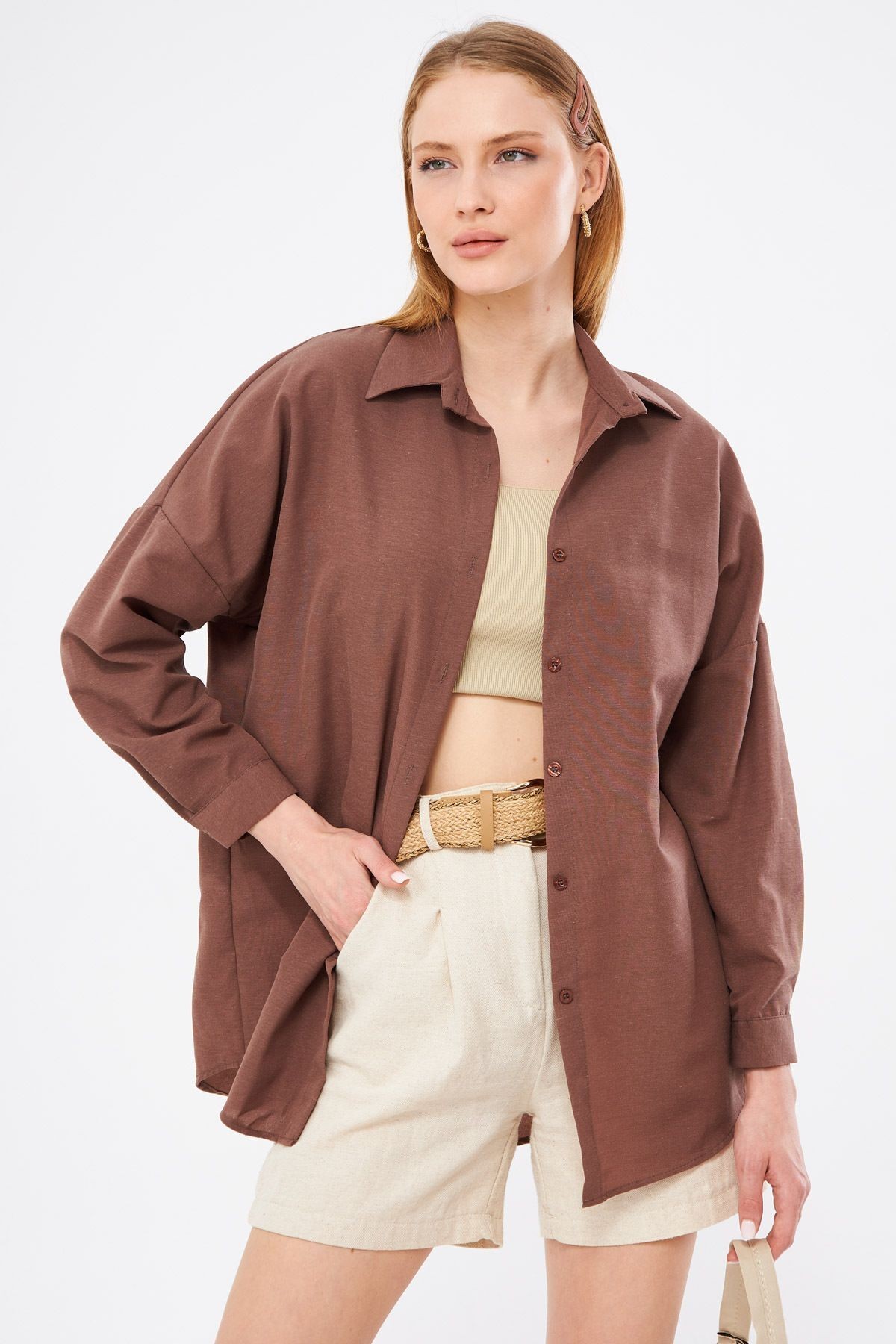 Kadın Kahve Oversize Uzun Basic Gömlek ARM-22Y001118