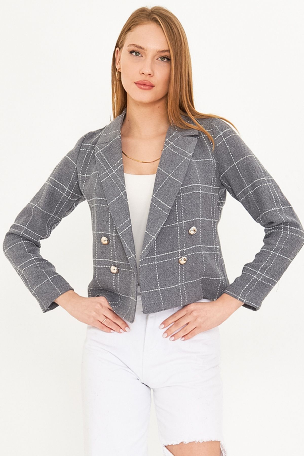 Kadın Gri Melanj Kruvaze Yaka Tüvit Crop Ceket ARM-24K001014