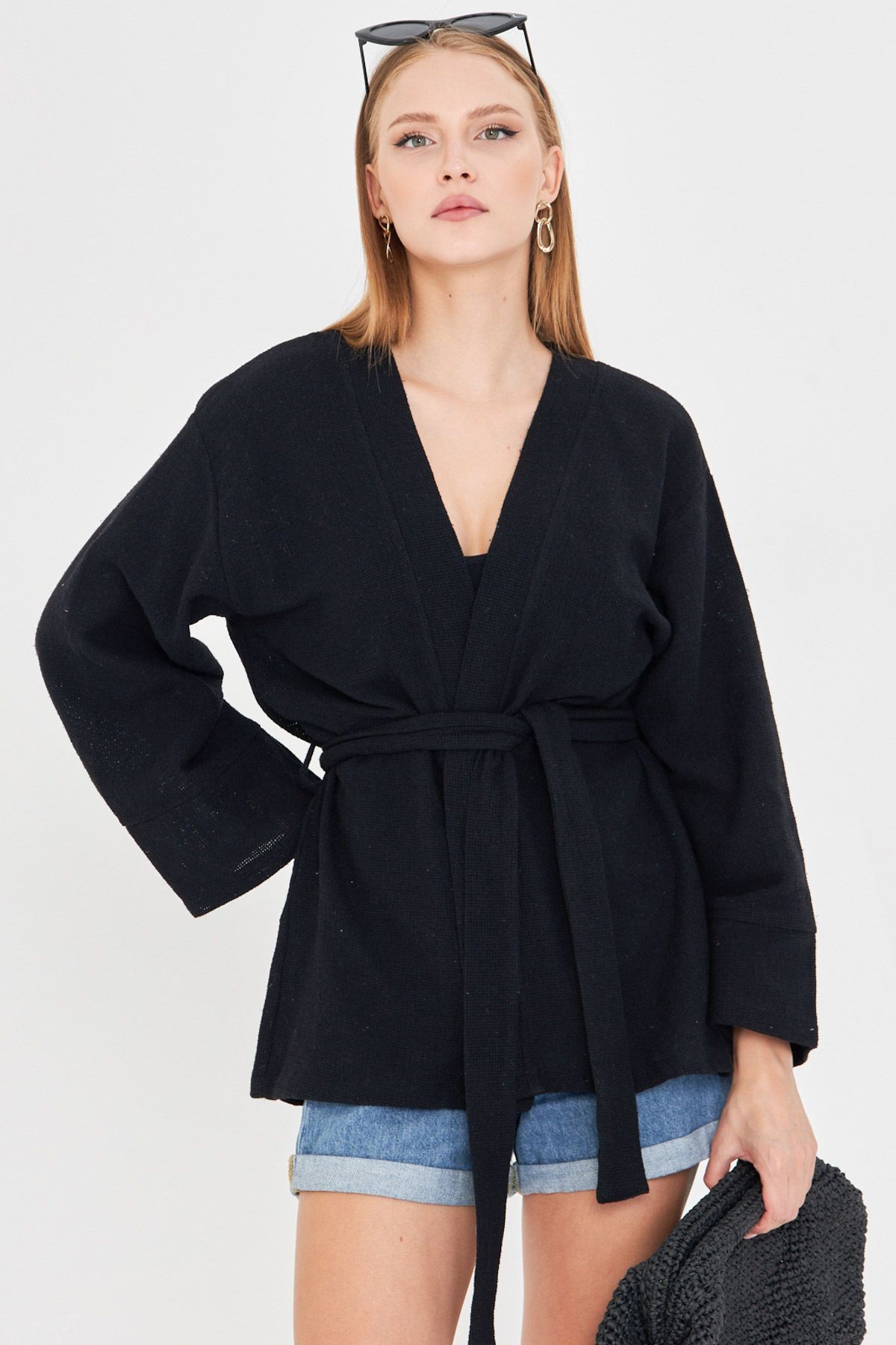 Kadın Siyah Kemerli Kimono ARM-25Y001073