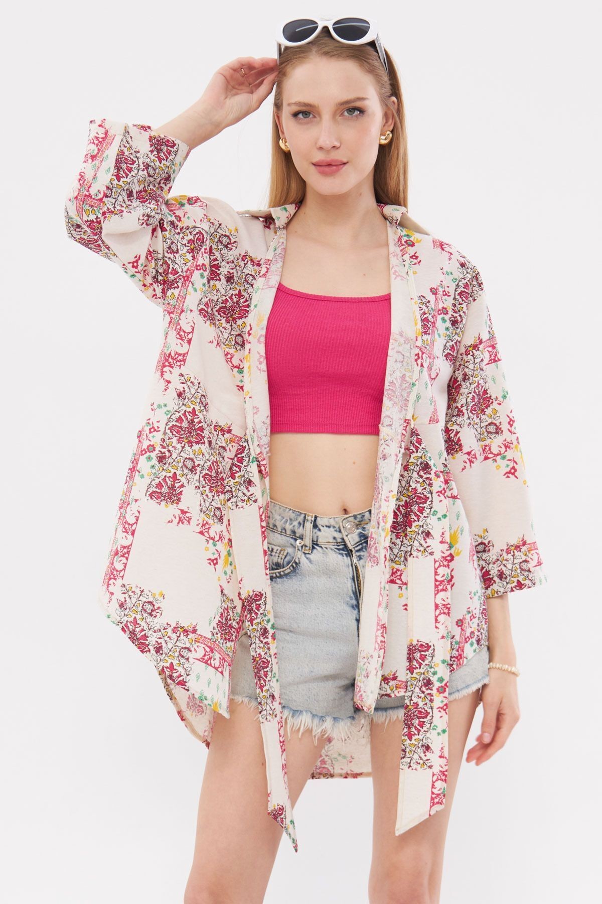 Kadın Açık Fuşya Desenli Keten Görünümlü Önden Bağlamalı Kimono Gömlek ARM-24Y001079