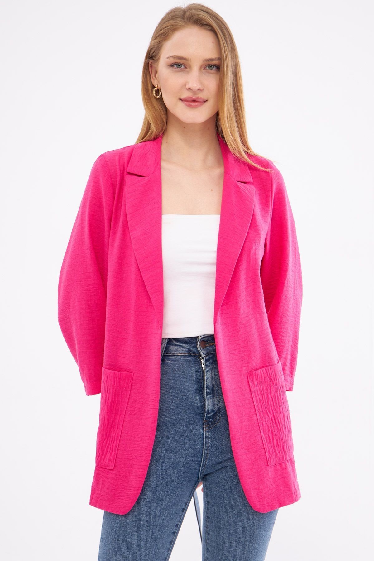 Kadın Fuşya Keten Görünümlü Cepli Oversize Ceket ARM-24Y001065
