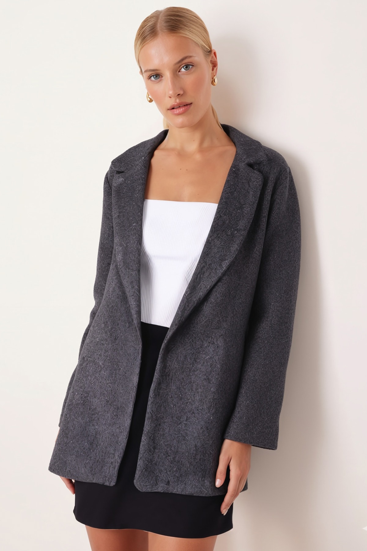 Kadın Antrasit Erkek Yaka Yanları Yırtmaçlı Oversize Ceket ARM-26K001009