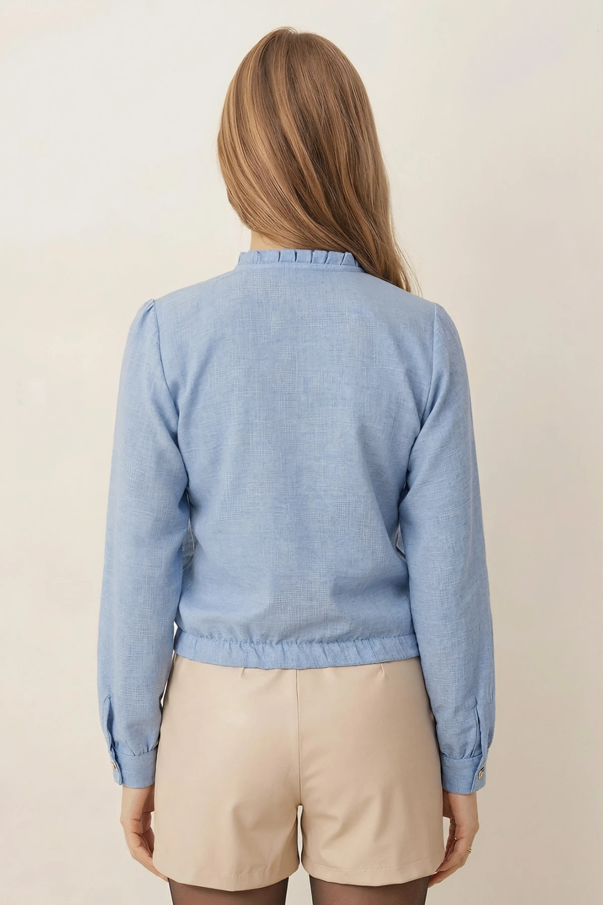 Kadın Bebe Mavi V Yaka Yakası Pile Detaylı Beli Lastikli Manşetli Bluz ARM-26K001020