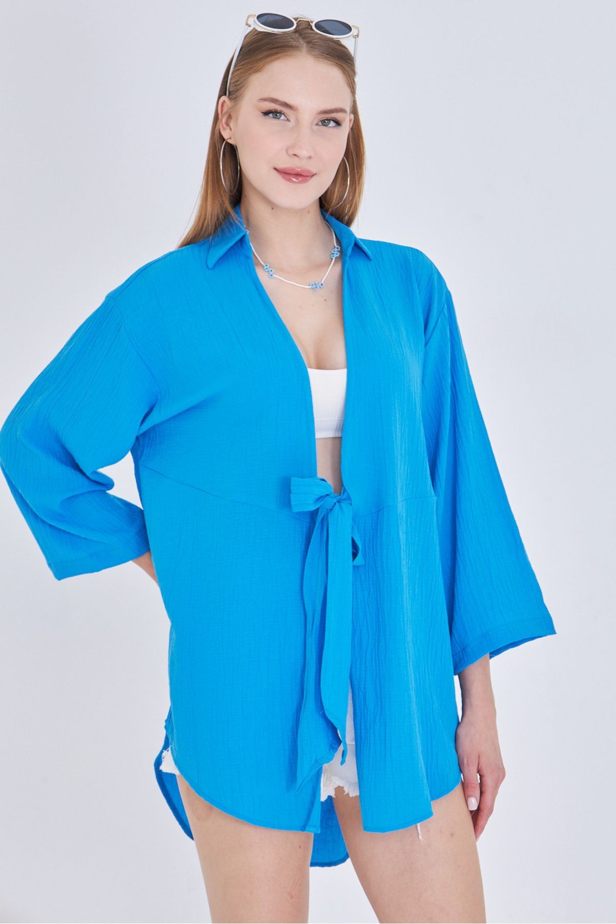 Kadın Mavi Keten Görünümlü Önden Bağlamalı Kimono Gömlek ARM-24Y001063