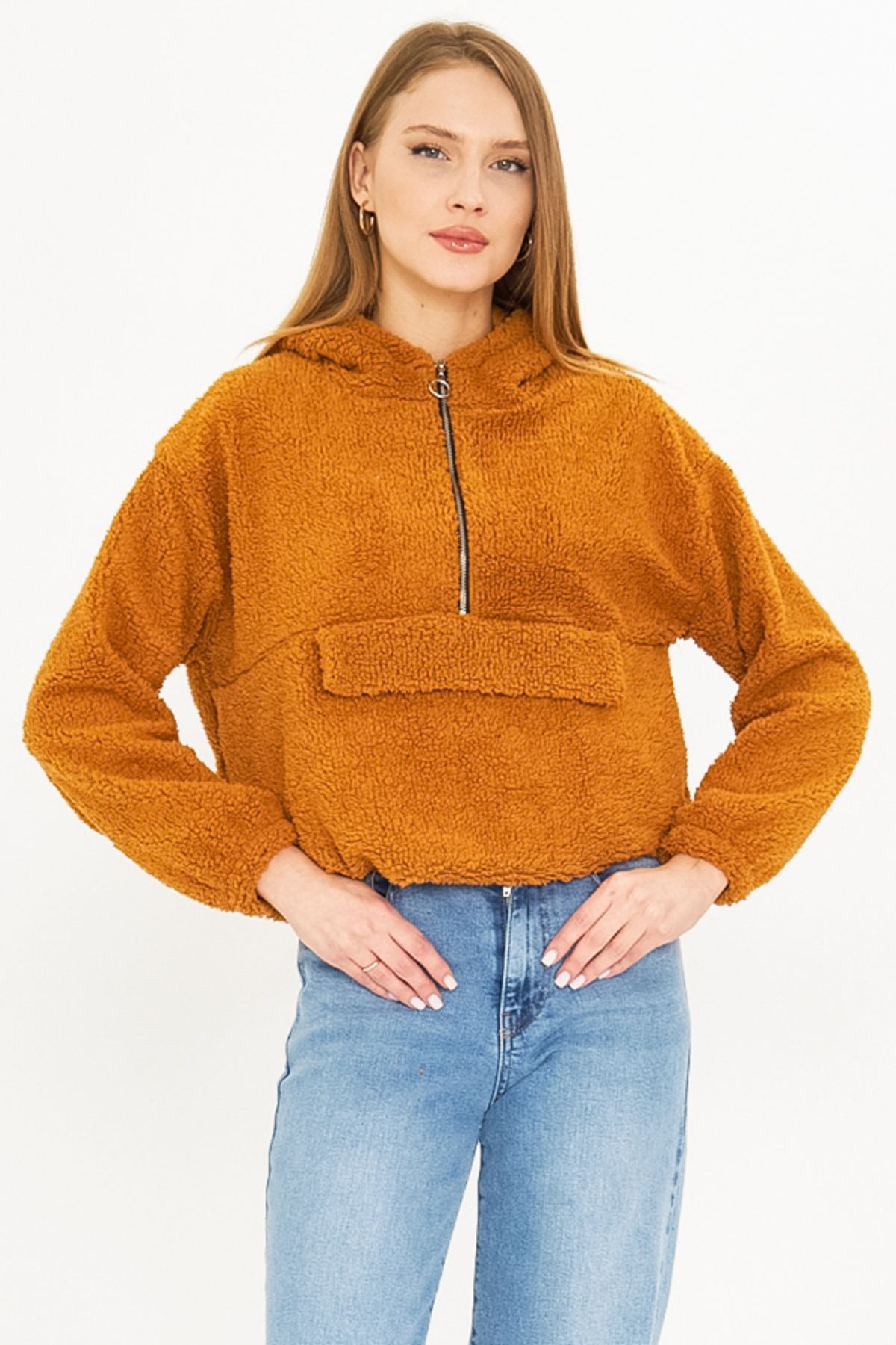 Kadın Camel Kapüşonlu Cep Kapaklı Peluş Sweatshirt ARM-25K001090