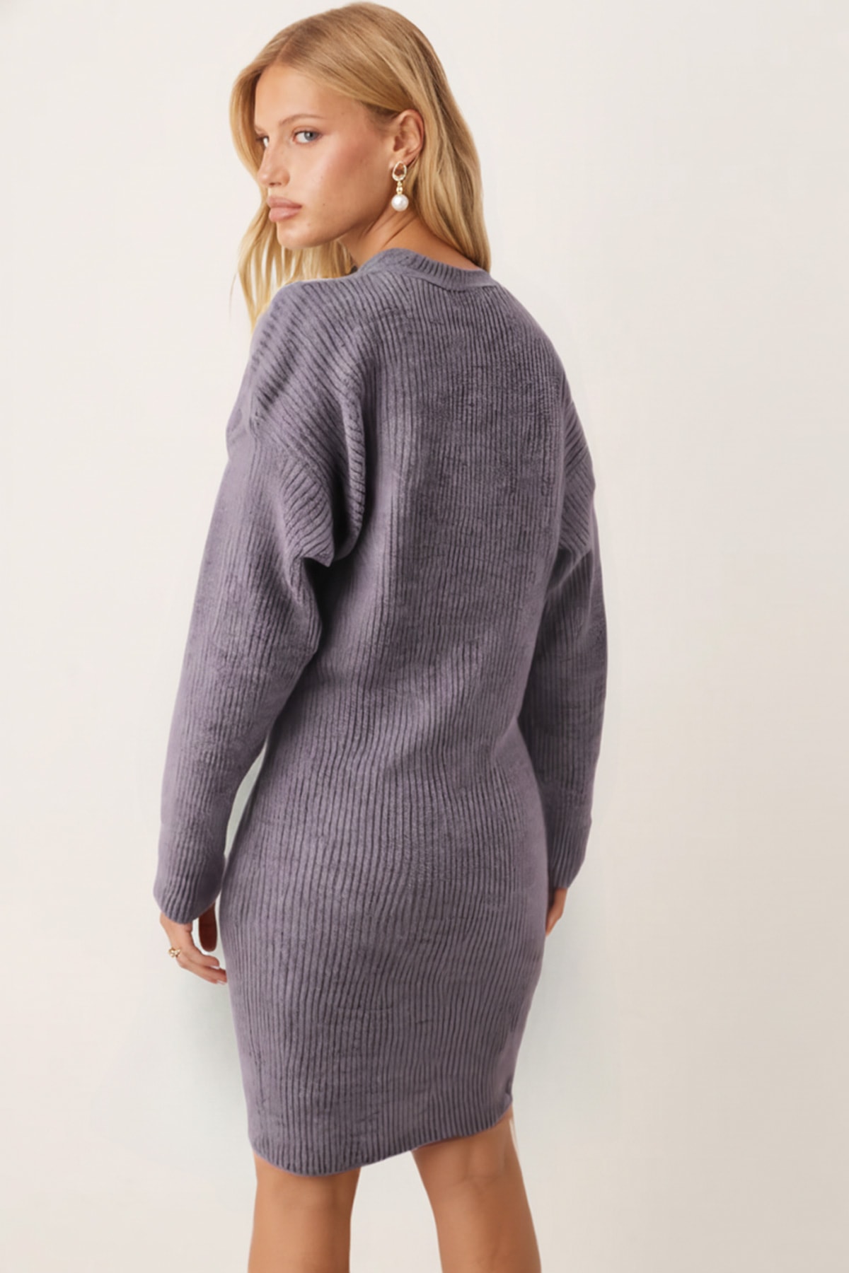 Kadın Gri Bisiklet Yaka Selanik Örgü Triko Elbise ARM-26K136012