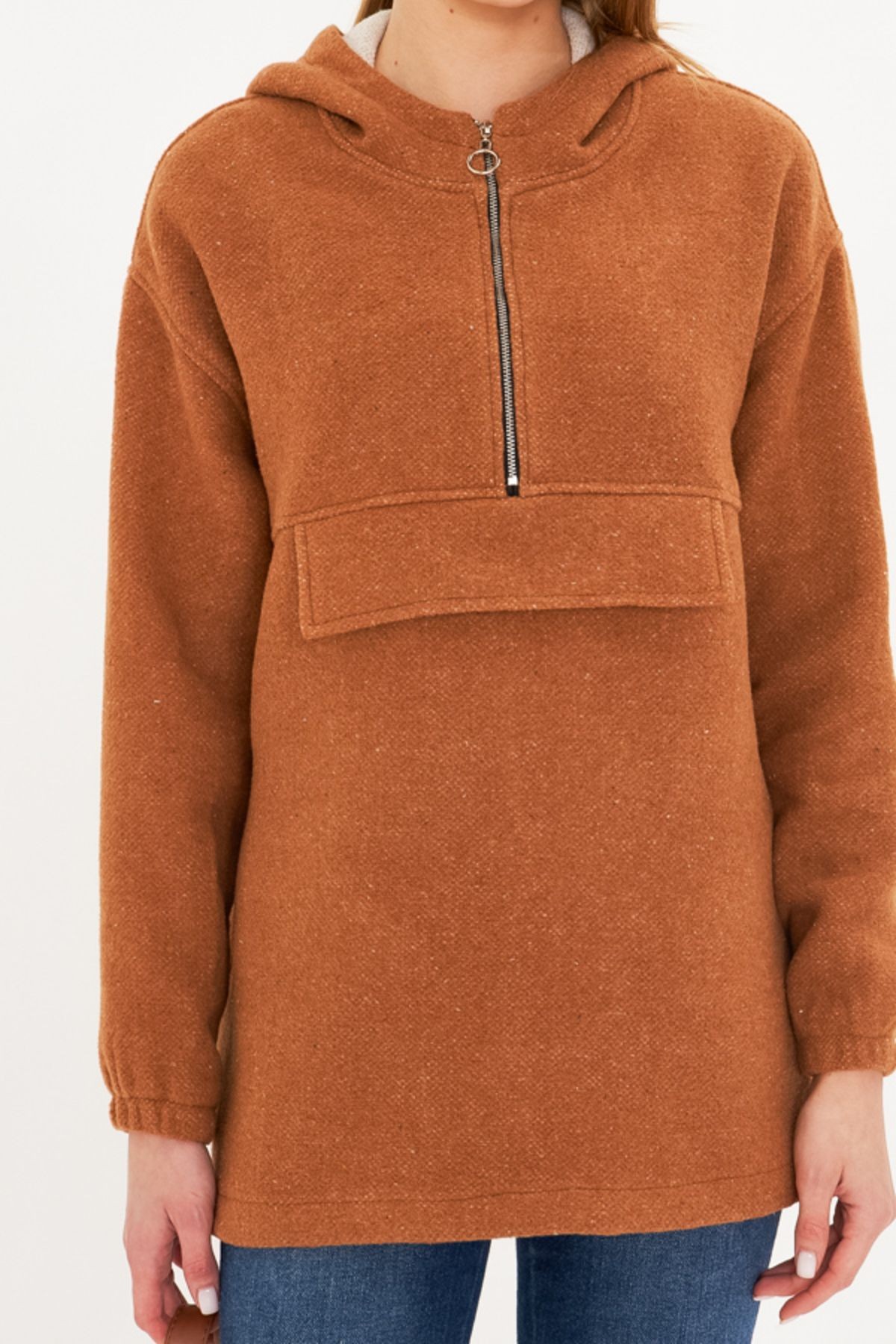 Kadın Taba Kapüşonlu Cep Kapaklı Kaşe Sweatshirt ARM-25K001097