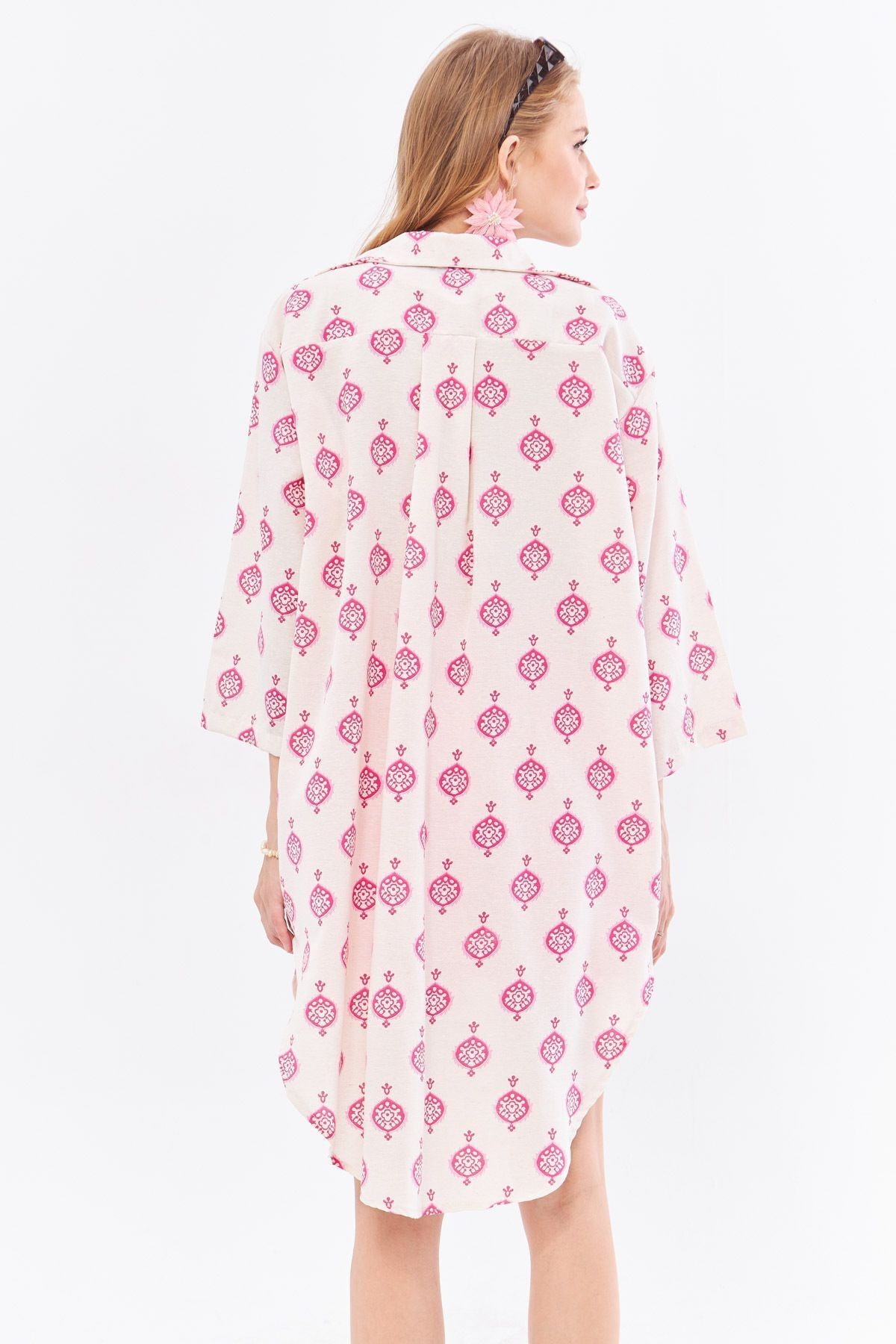 Kadın Fuşya Keten Görünümlü Desenli Önden Bağlamalı Midi Boy Kimono Gömlek ARM-24Y001096