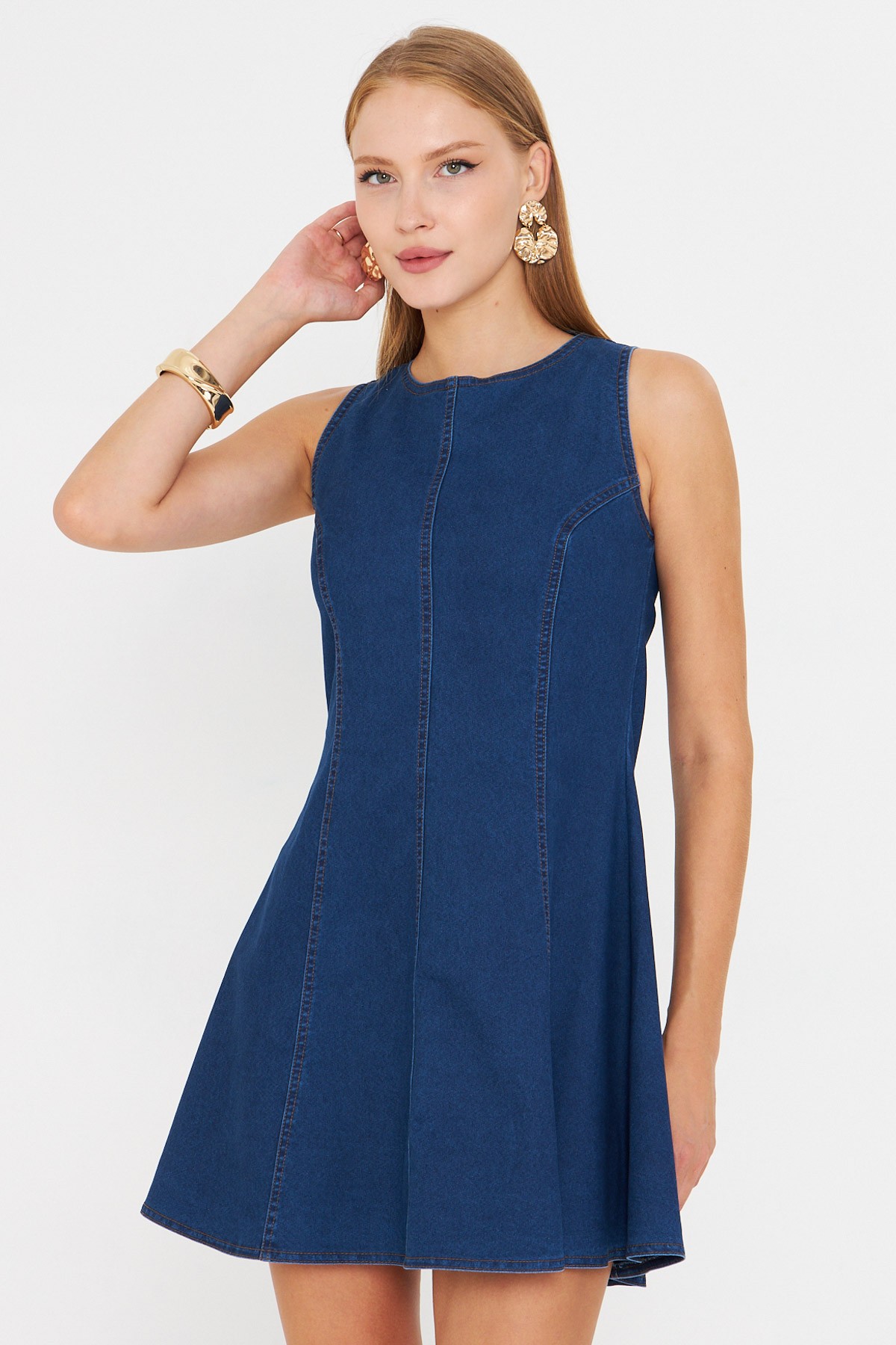 Kadın Lacivert Vücuda Oturan Denim Kloş Elbise ARM-25Y001088