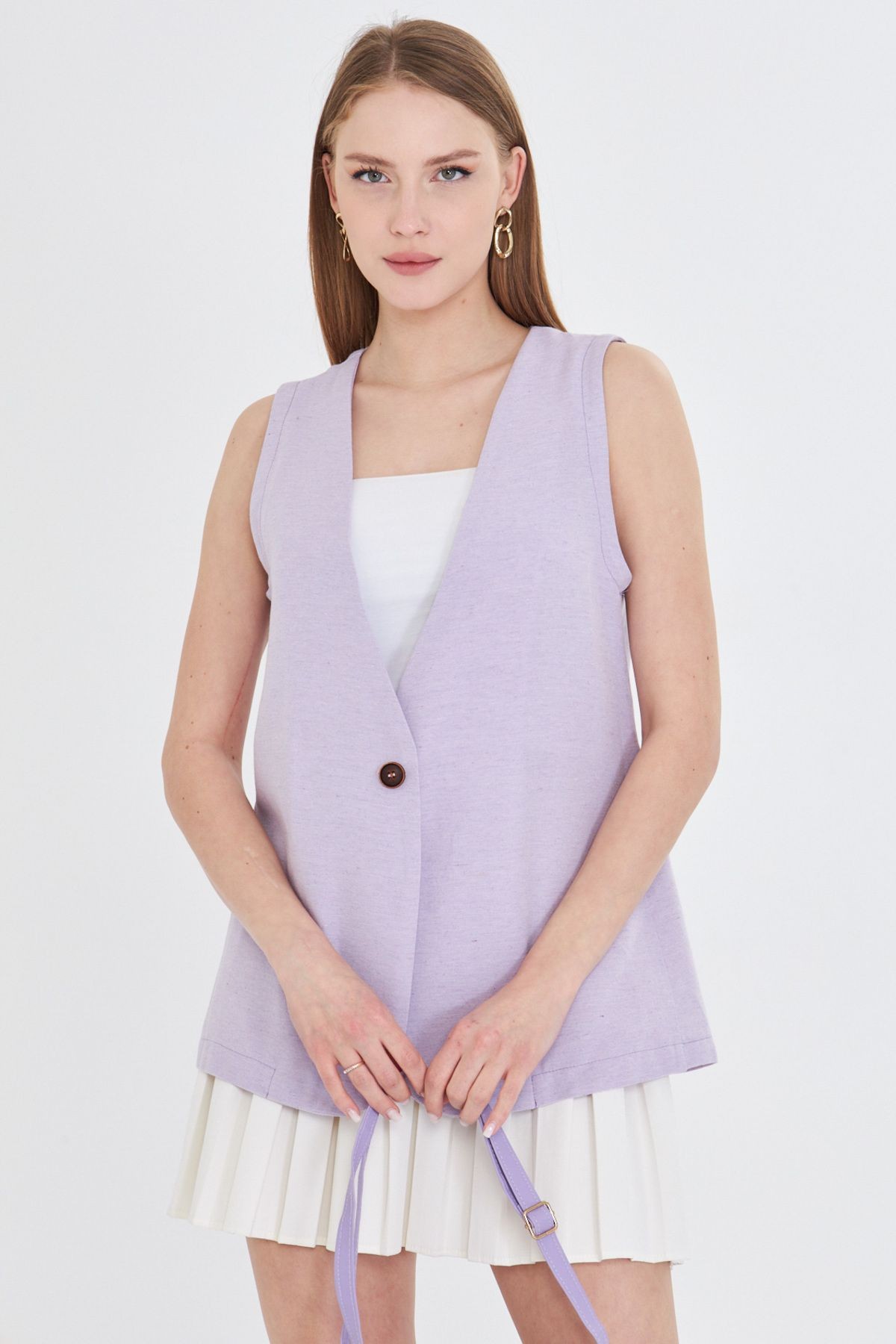 Kadın Lila V Yaka Tek Düğme Oversize Yelek ARM-25Y001036