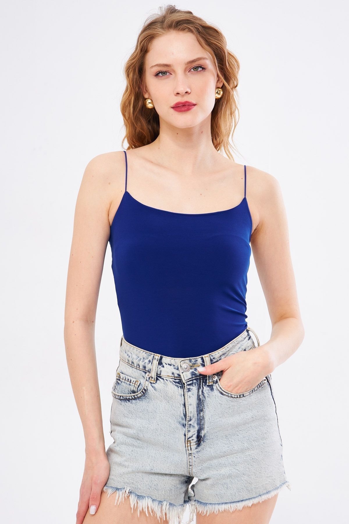 Kadın Saks İp Askılı Astarlı Crop Bluz ARM-22Y055003