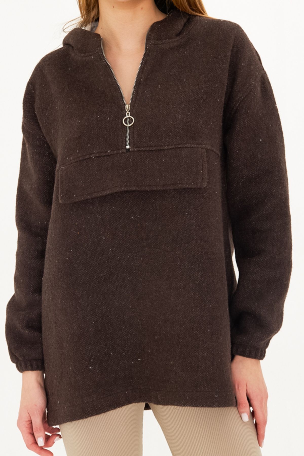 Kadın Kahve Kapüşonlu Cep Kapaklı Kaşe Sweatshirt ARM-25K001097