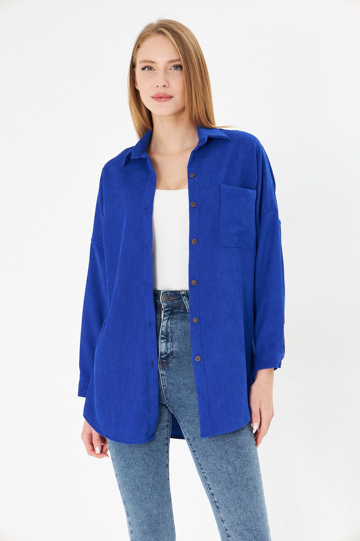 Kadın Saks Cepli Oversize İnce Fitilli Kadife Gömlek ARM-24K001076