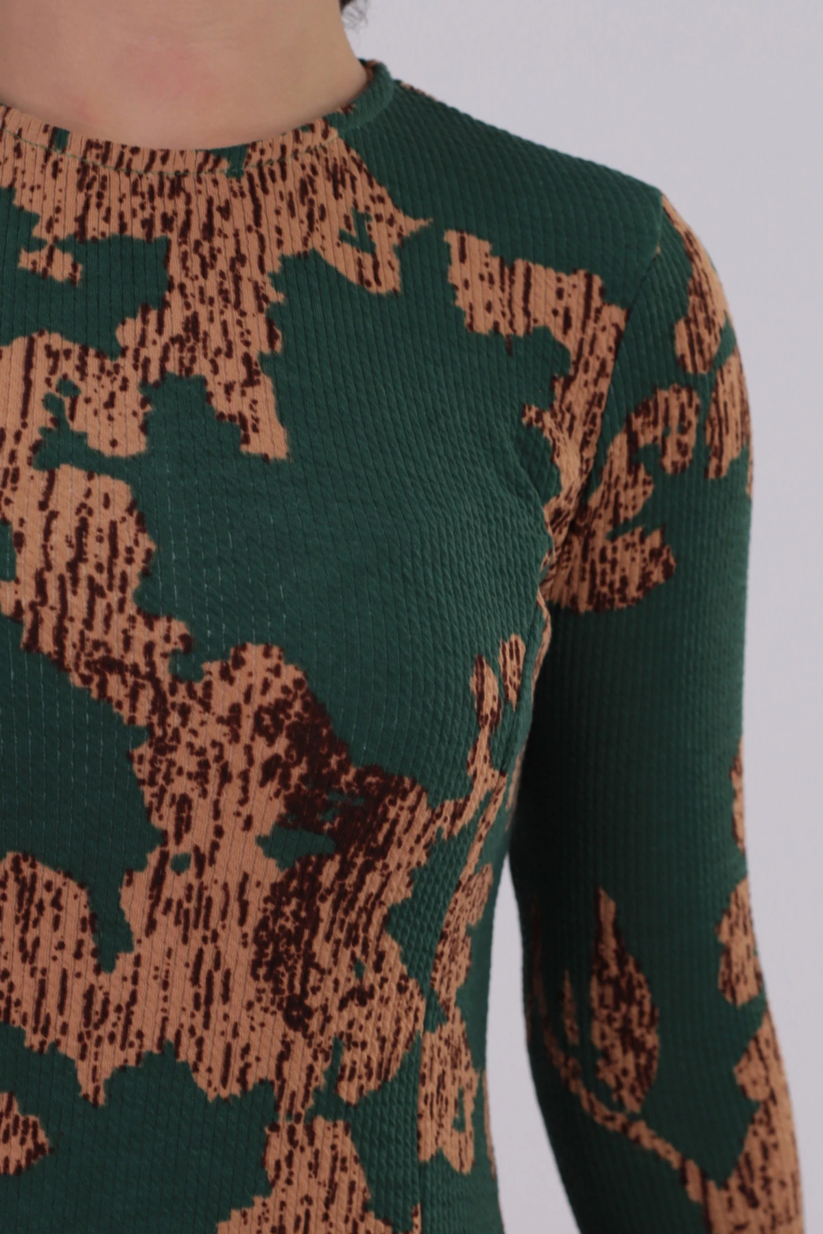 Kadın Yeşil-Bej Sıfır Yaka Uzun Kollu Elbise ARM-26K001029