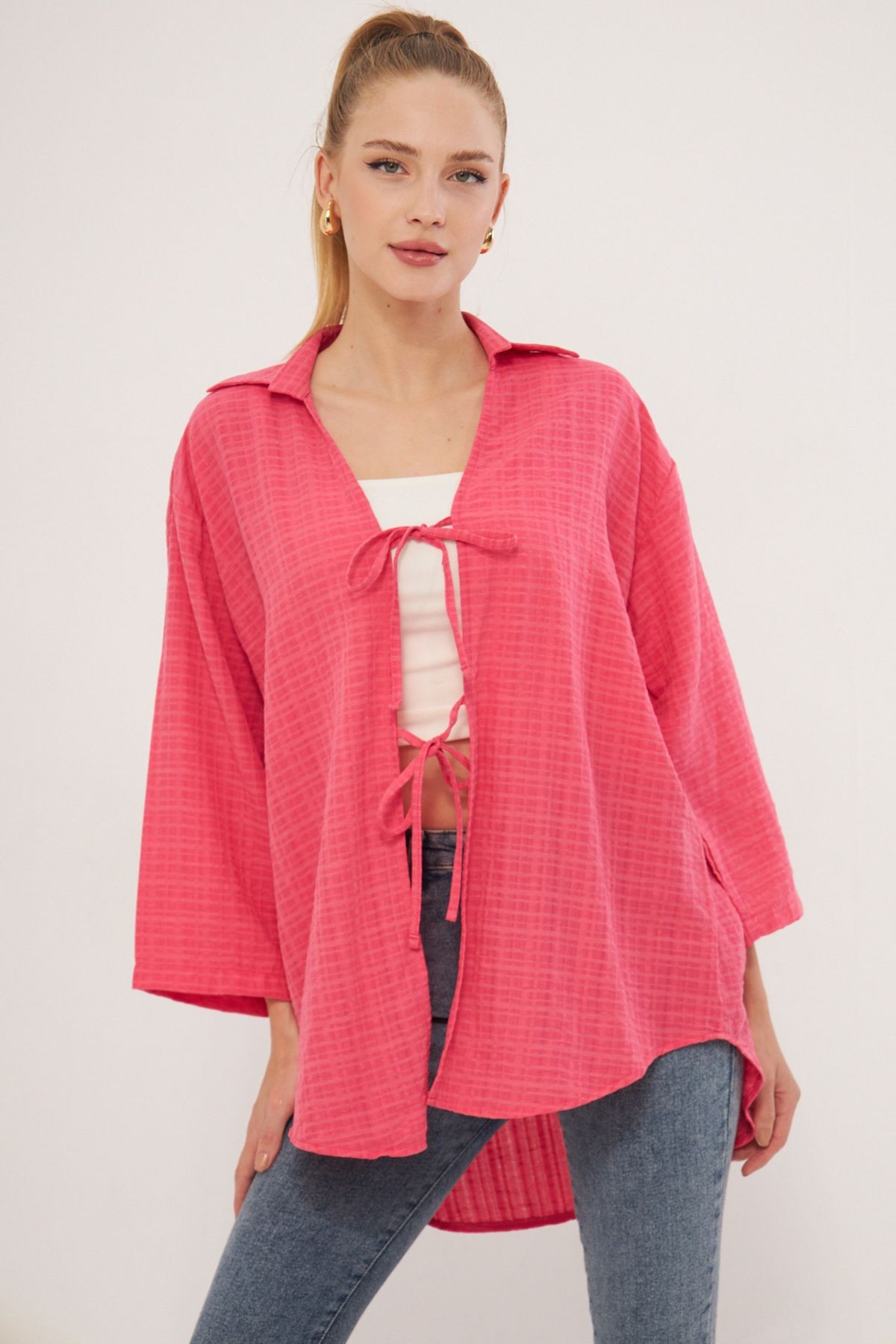 Kadın Fuşya Gömlek Yakalı Önden Bağcıklı Kimono Gömlek ARM-25K001006
