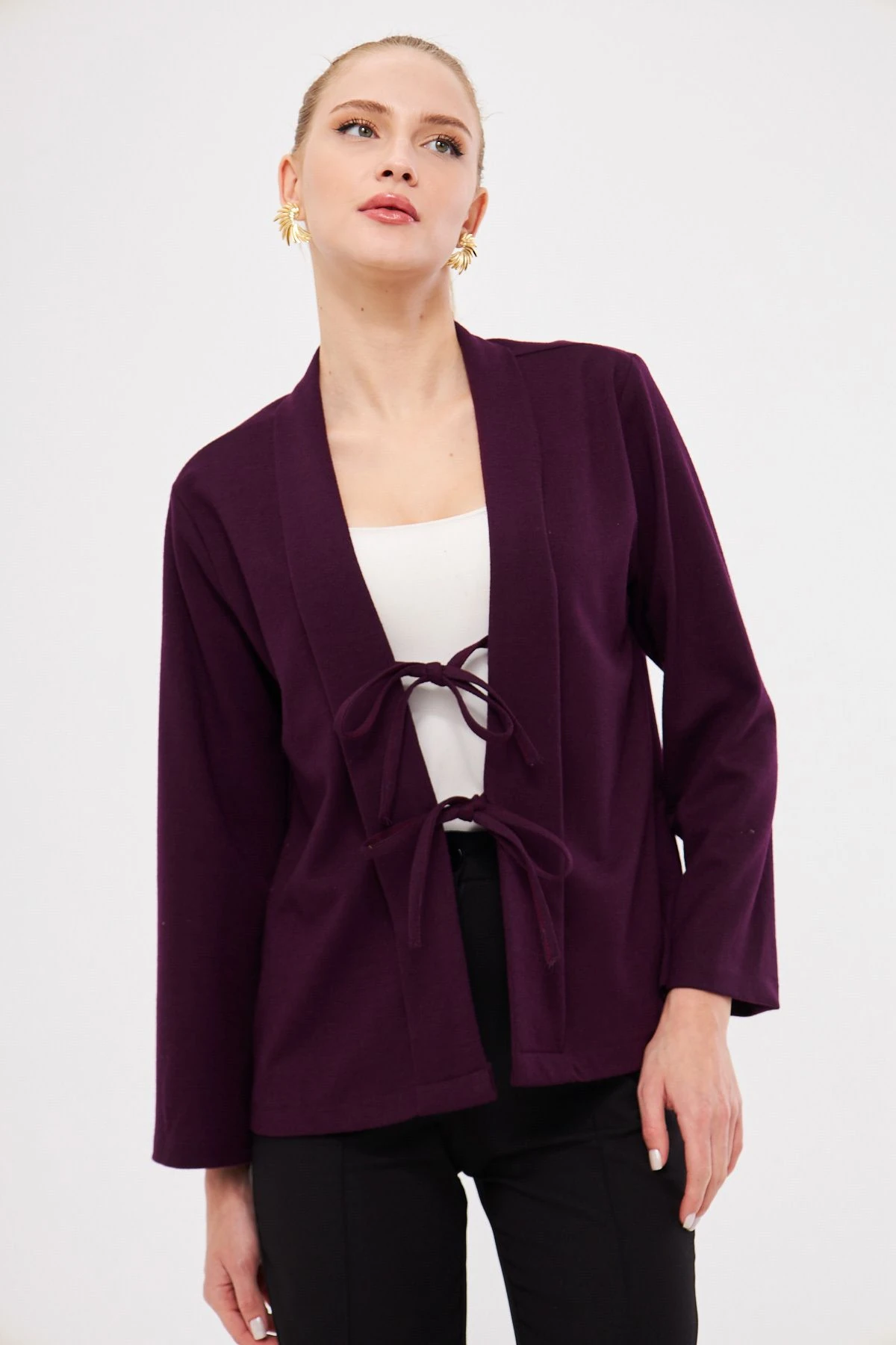 Kadın Mor Şal Yaka Önden Bağcık Detaylı Ceket ARM-25K001012