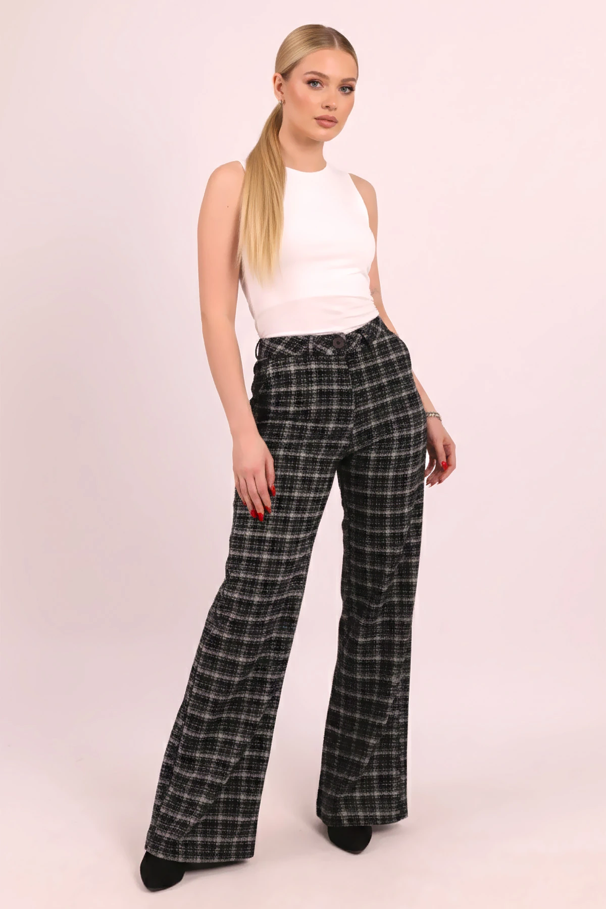 Kadın Gri Ekose Desen Yüksek Bel Bol Paça Pantolon ARM-26K136040