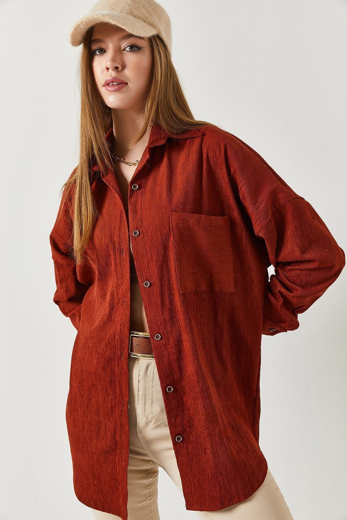 Kadın Kiremit Cepli Oversize Kadife Uzun Basic Gömlek ARM-22Y001193