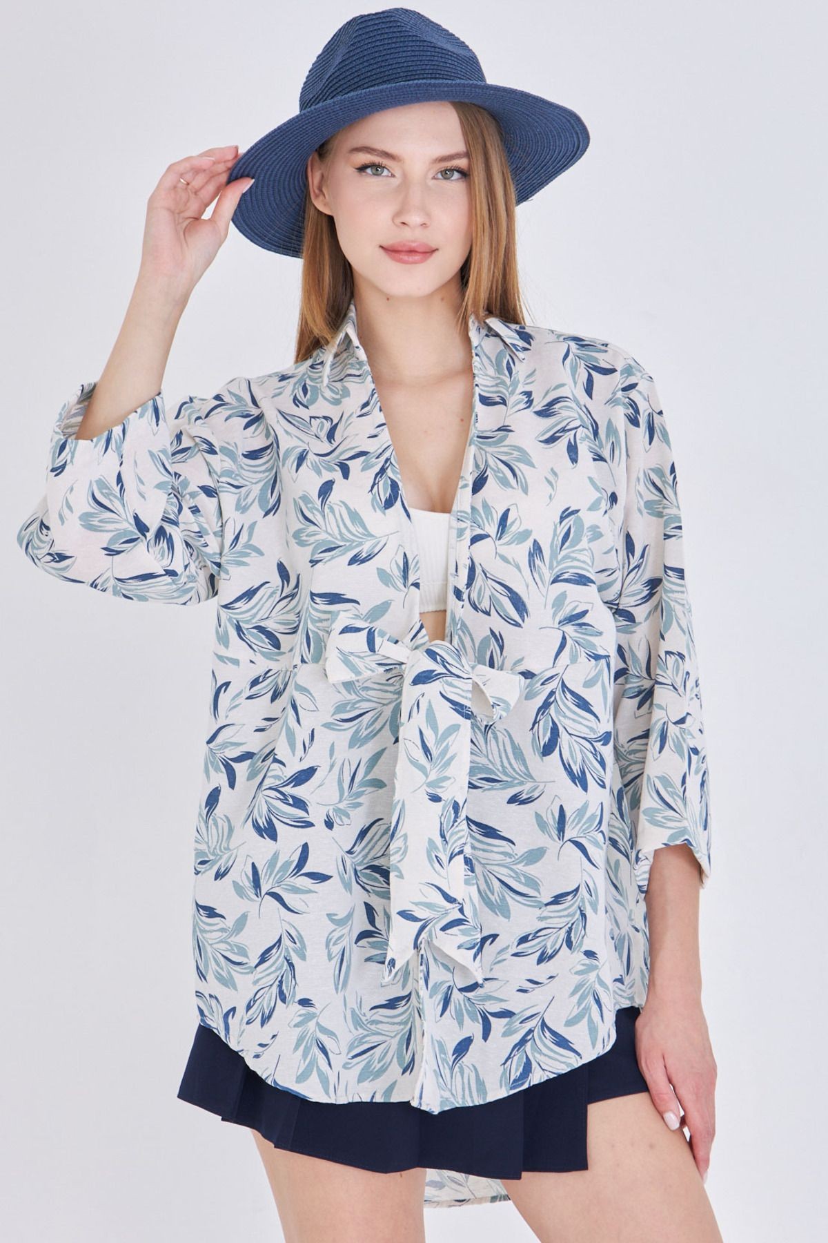 Kadın Açık Mint Desenli Keten Görünümlü Önden Bağlamalı Kimono Gömlek ARM-24Y001079