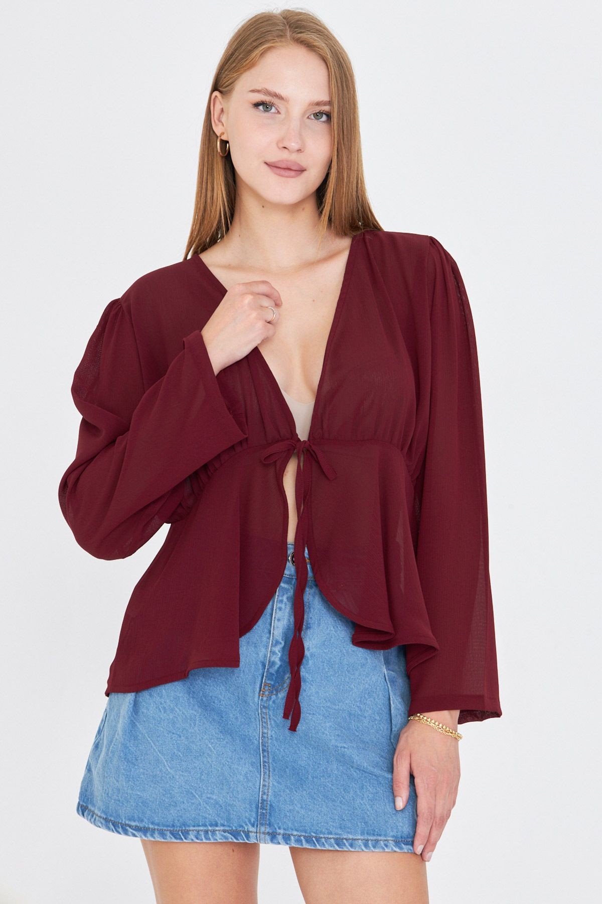Kadın Bordo Önden Bağlama Detaylı Şifon Bluz ARM-25Y001072