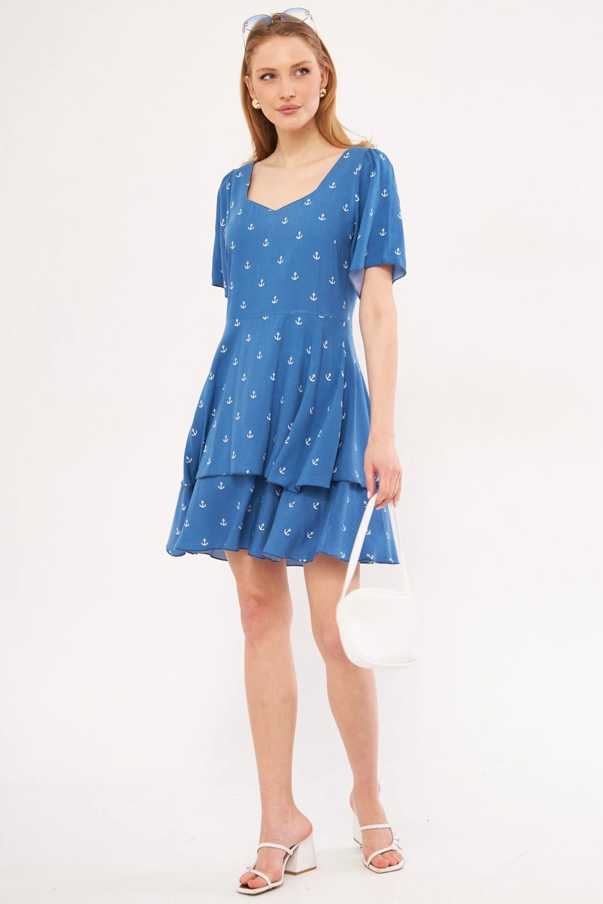 Kadın Mavi Eksi Elbise Kısa Kollu Eteği Katlı Fermuarlı Desenli Mini Boy ARM-24Y001026