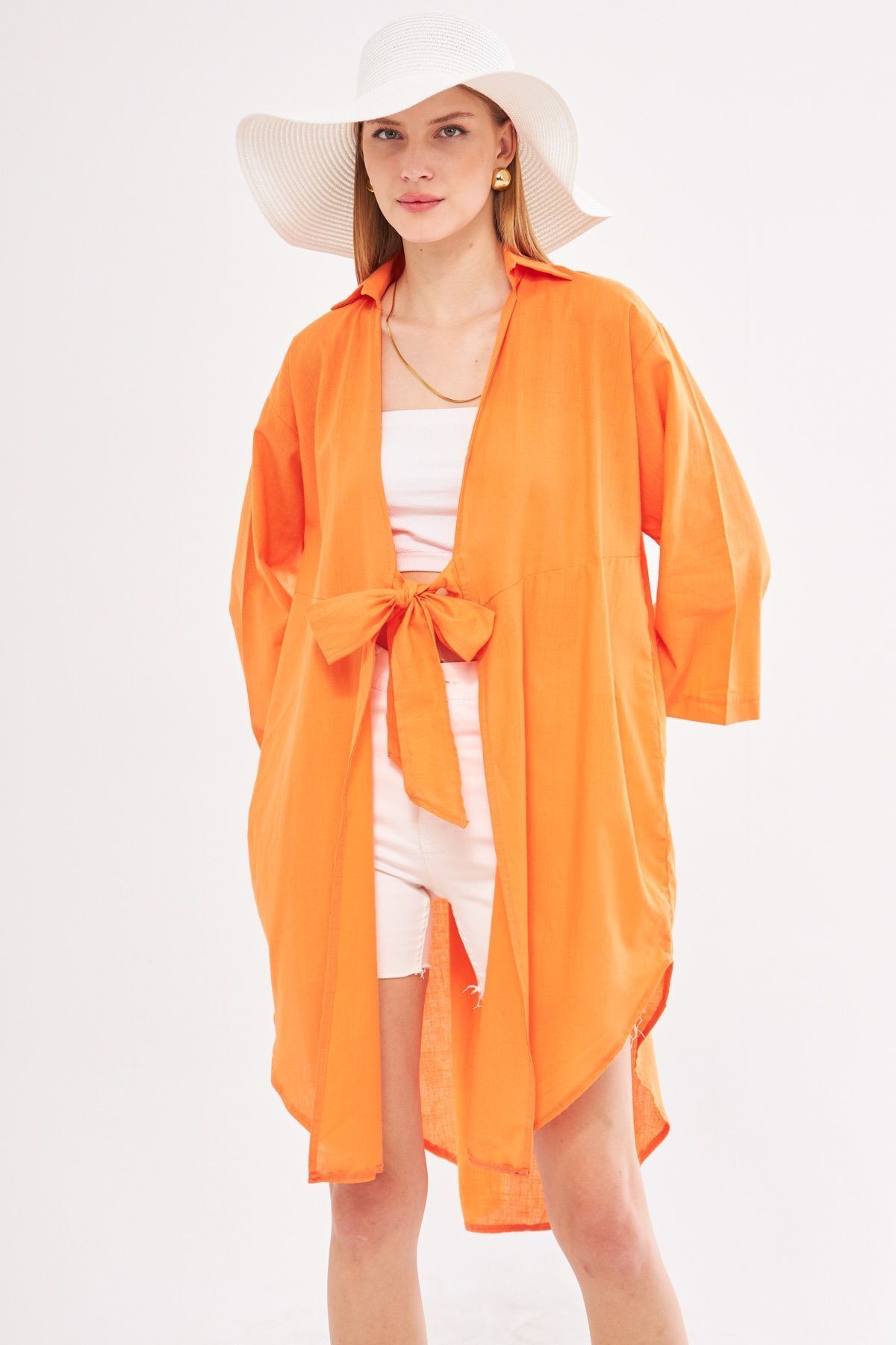 Kadın Turuncu Önden Bağlamalı İnce Keten Kumaş Midi Boy Kimono Gömlek ARM-24Y001081