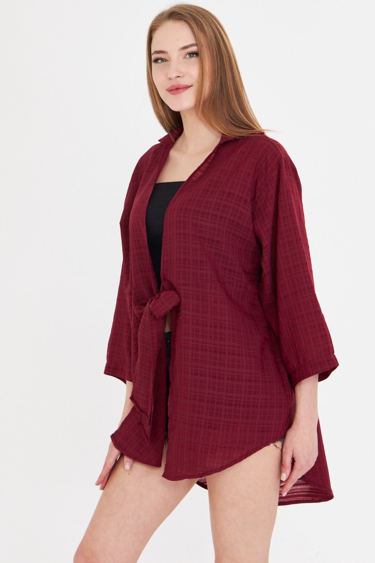 Kadın Bordo Kendinden Çizgili Önden Bağlamalı Kimono Gömlek ARM-24Y001101