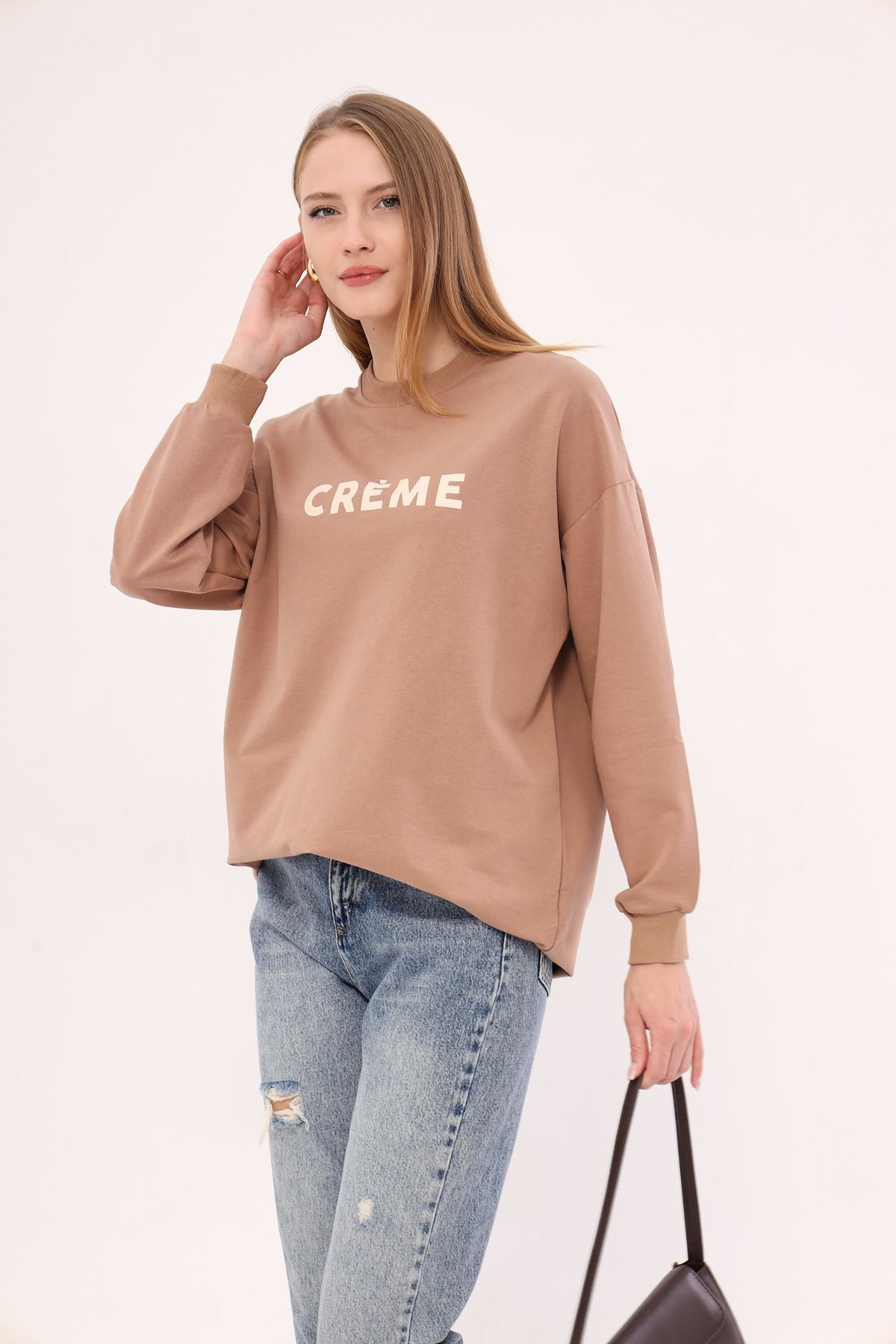 Kadın Vizon Bisiklet Yaka Önü Yazılı Tunik Sweatshirt ARM-25K001029