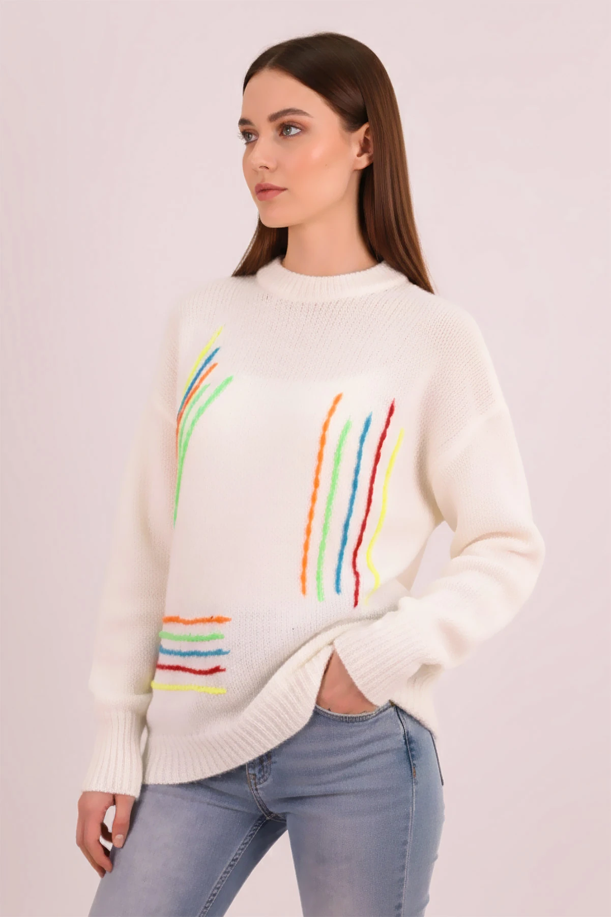 Kadın Ekru Renkli İp Detaylı Triko Kazak ARM-26K136073