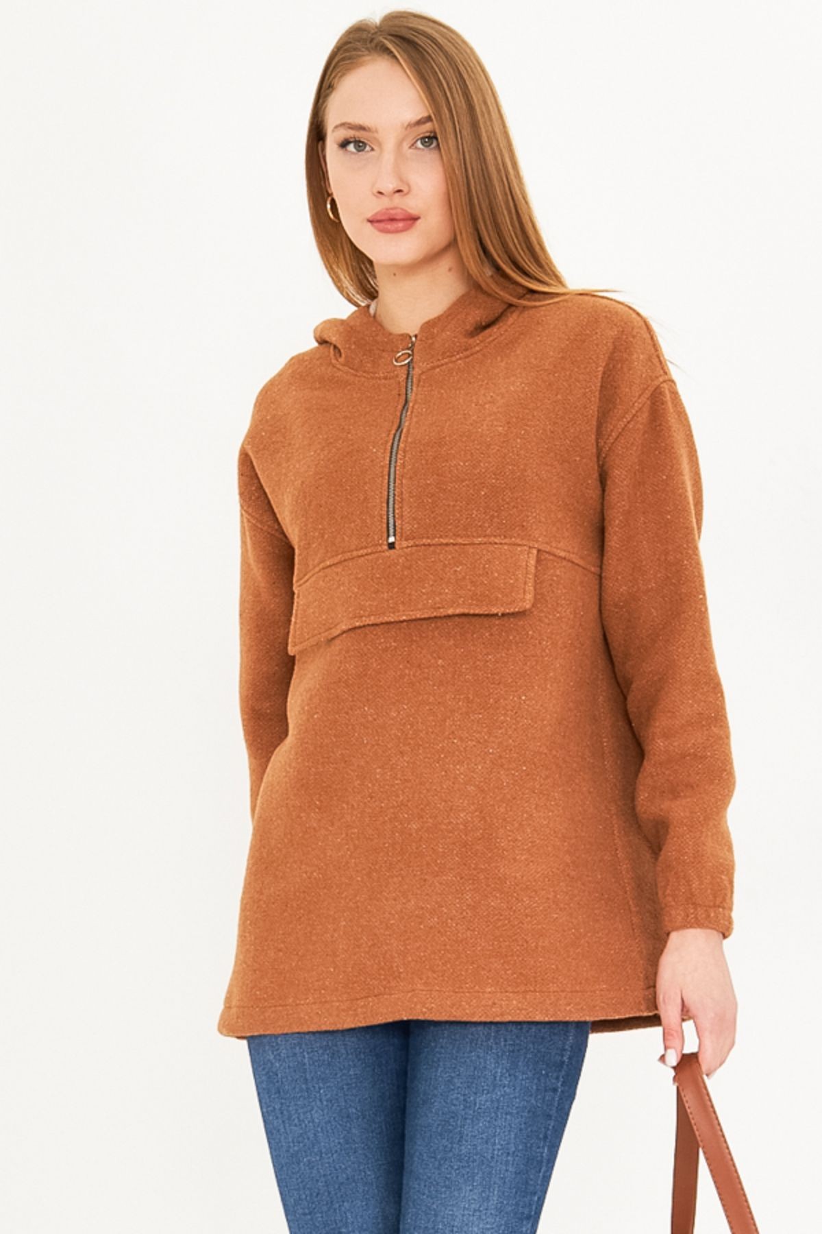 Kadın Taba Kapüşonlu Cep Kapaklı Kaşe Sweatshirt ARM-25K001097
