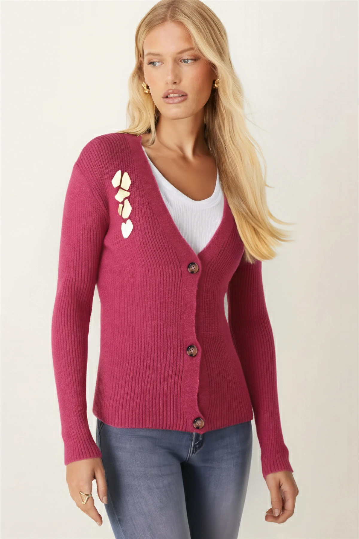 Kadın Fuşya Ayna İşlemeli Düğmeli Triko Hırka ARM-26K136056