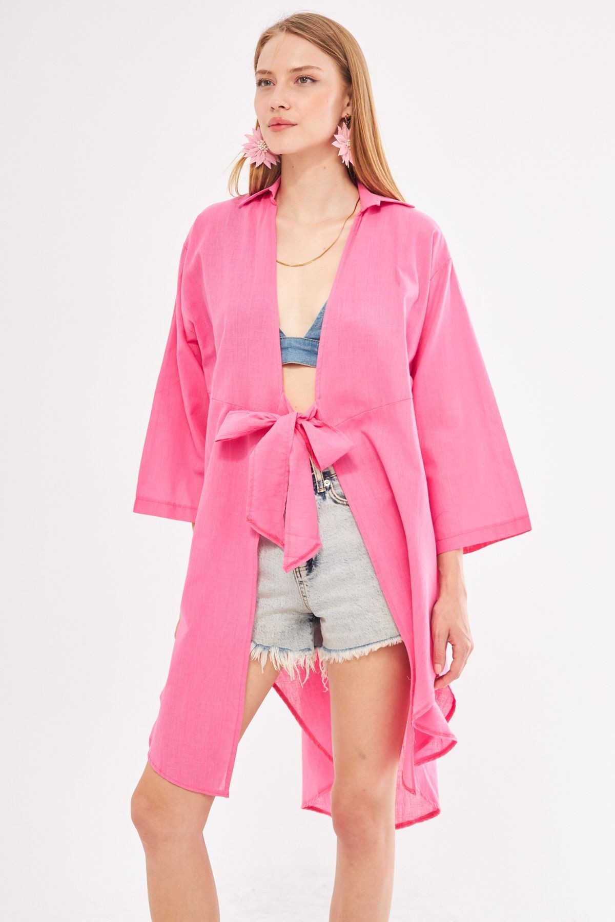 Kadın Fuşya Önden Bağlamalı İnce Keten Kumaş Midi Boy Kimono Gömlek ARM-24Y001081