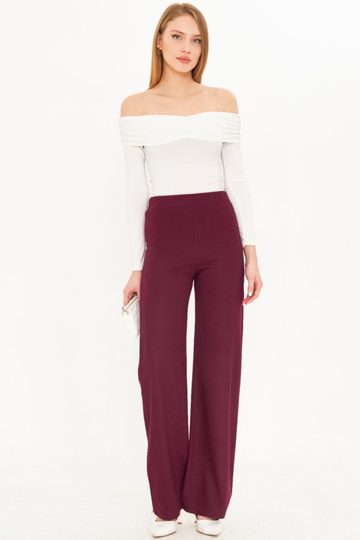 Kadın Mürdüm Beli Lastikli Astarlı Kaşe Pantolon ARM-25K001092