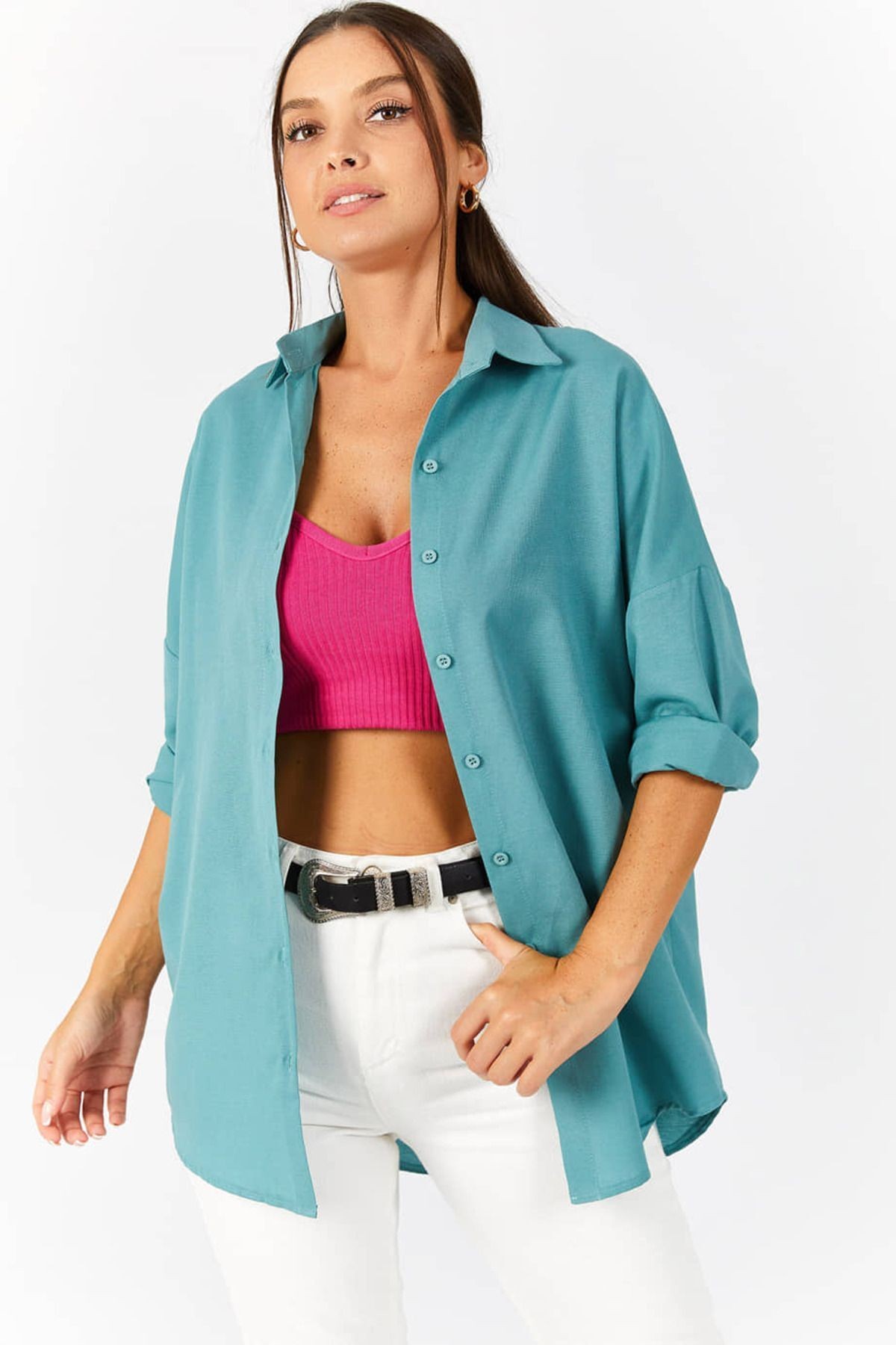 Kadın Yeşil Oversize Uzun Basic Gömlek ARM-22Y001118