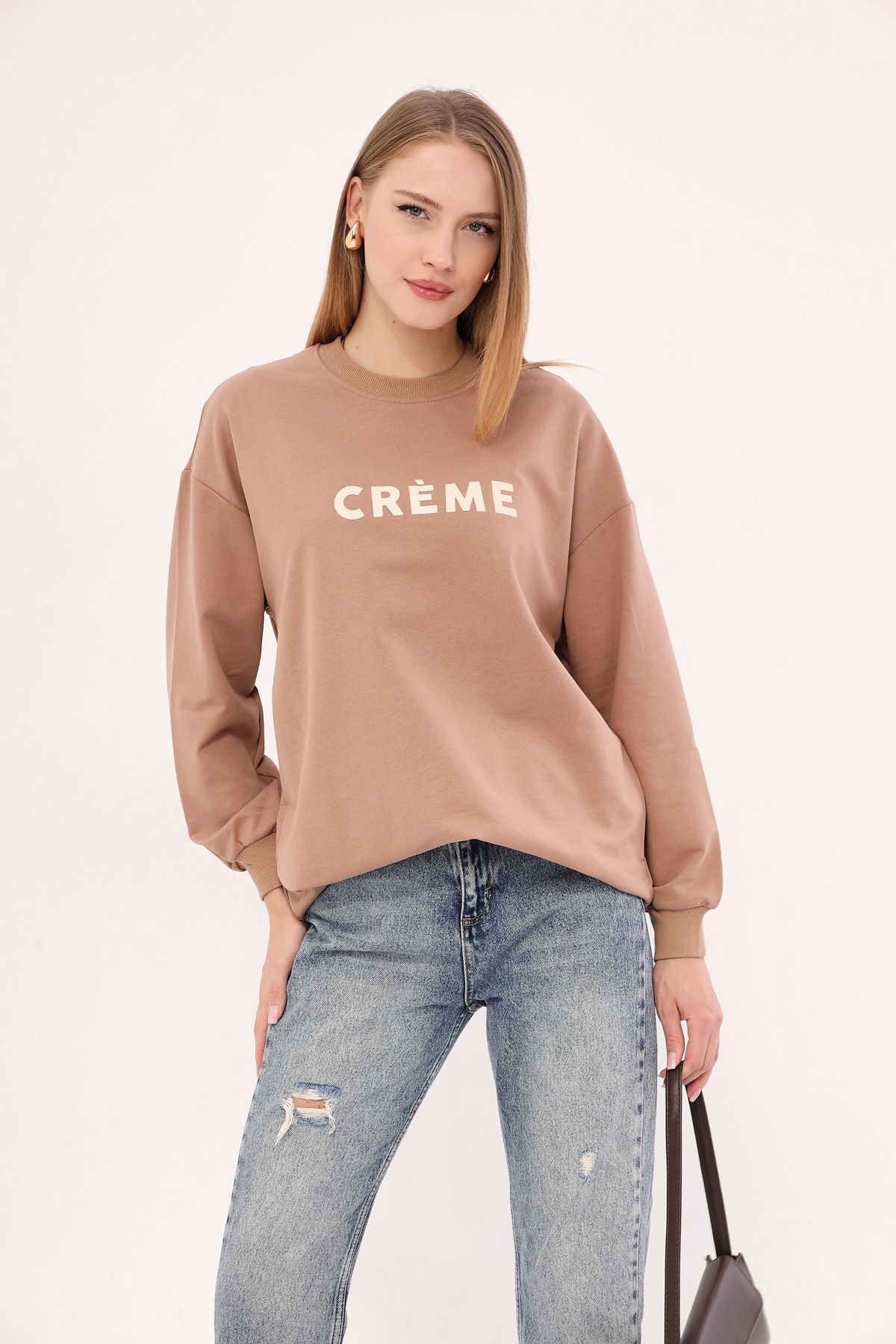 Kadın Vizon Bisiklet Yaka Önü Yazılı Tunik Sweatshirt ARM-25K001029