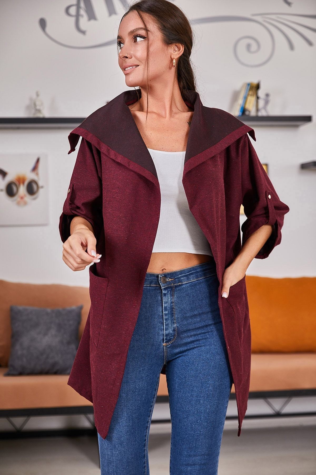 Kadın Bordo Sırtı Çiçek Baskılı Mevsimlik Ceket ARM-20K024030