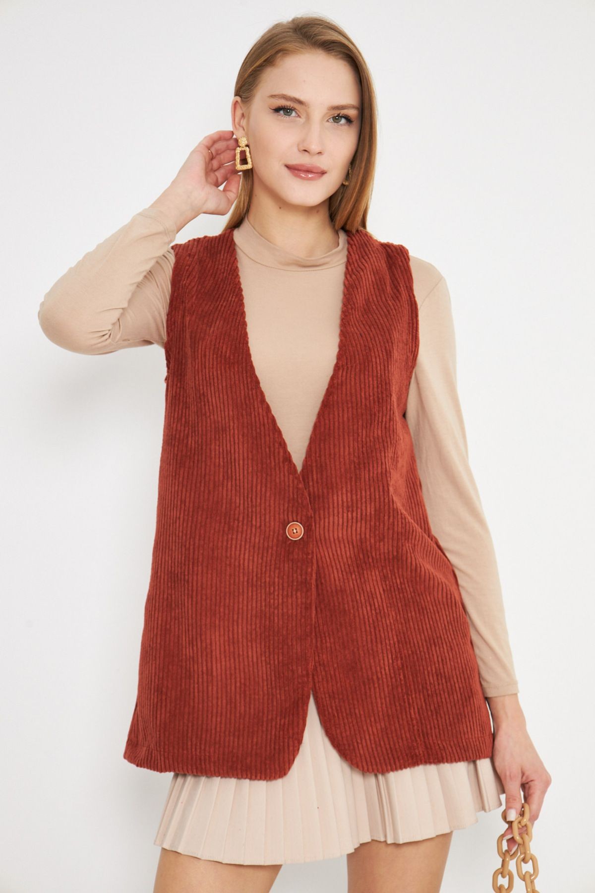Kadın Kiremit V Yaka Tek Düğmeli Oversize Kalın Fitilli Kadife Yelek ARM-25K001016