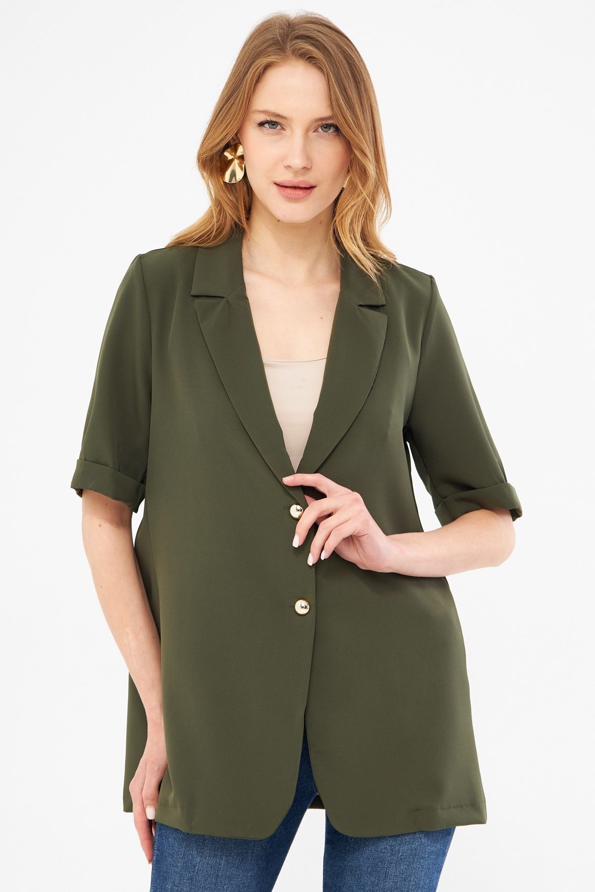 Kadın Haki Kısa Kol İki Düğmeli Oversize Ceket ARM-23Y001034