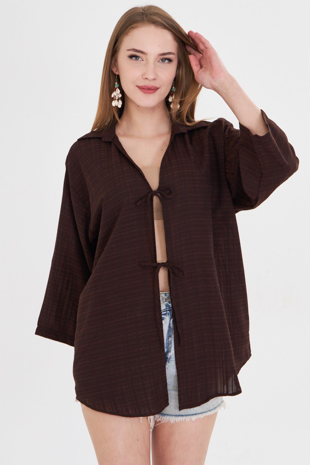 Kadın Koyu Kahve Gömlek Yakalı Önden Bağcıklı Kimono Gömlek ARM-25K001006