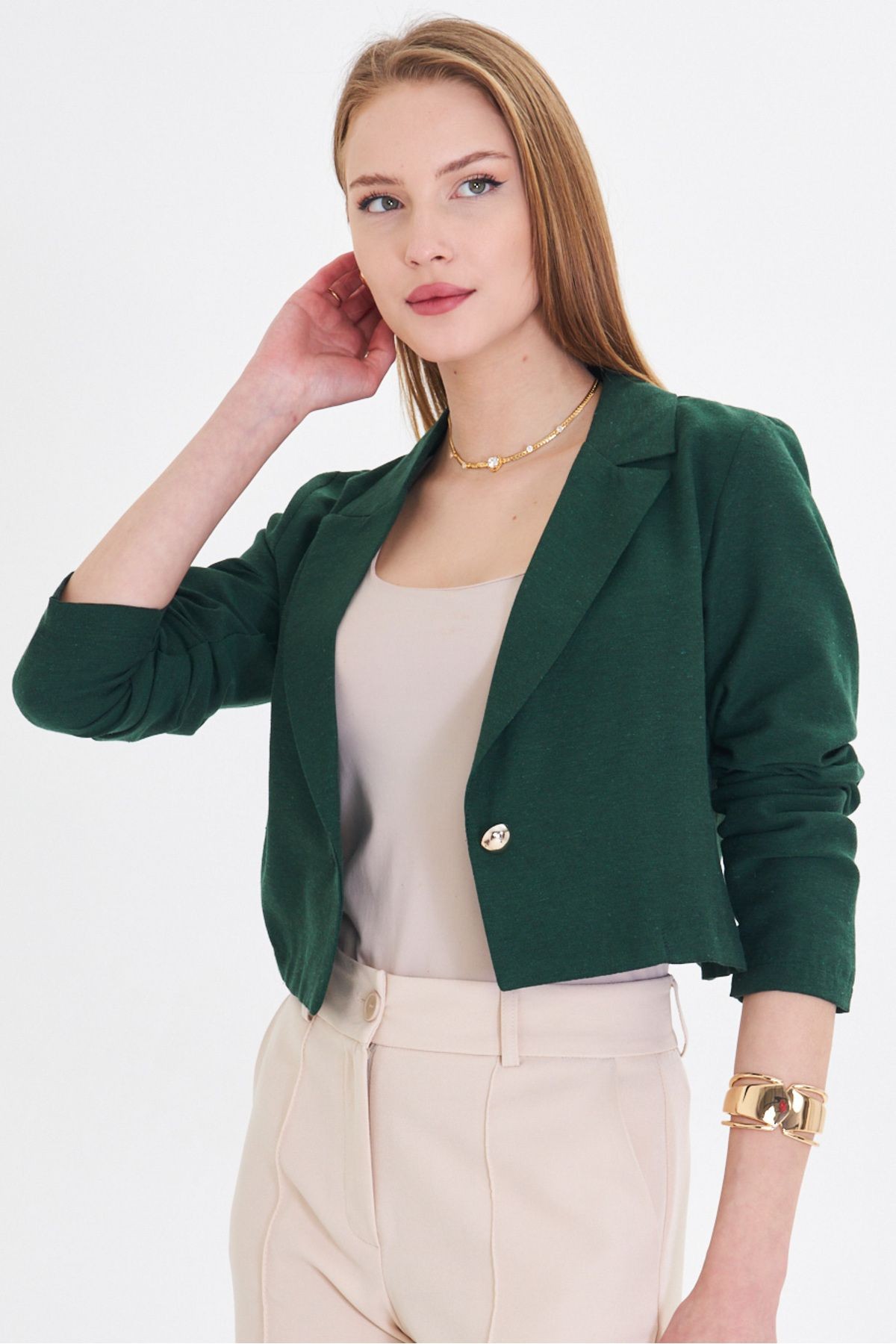 Kadın Zümrüt Tek Düğmeli Crop Ceket ARM-23Y001064