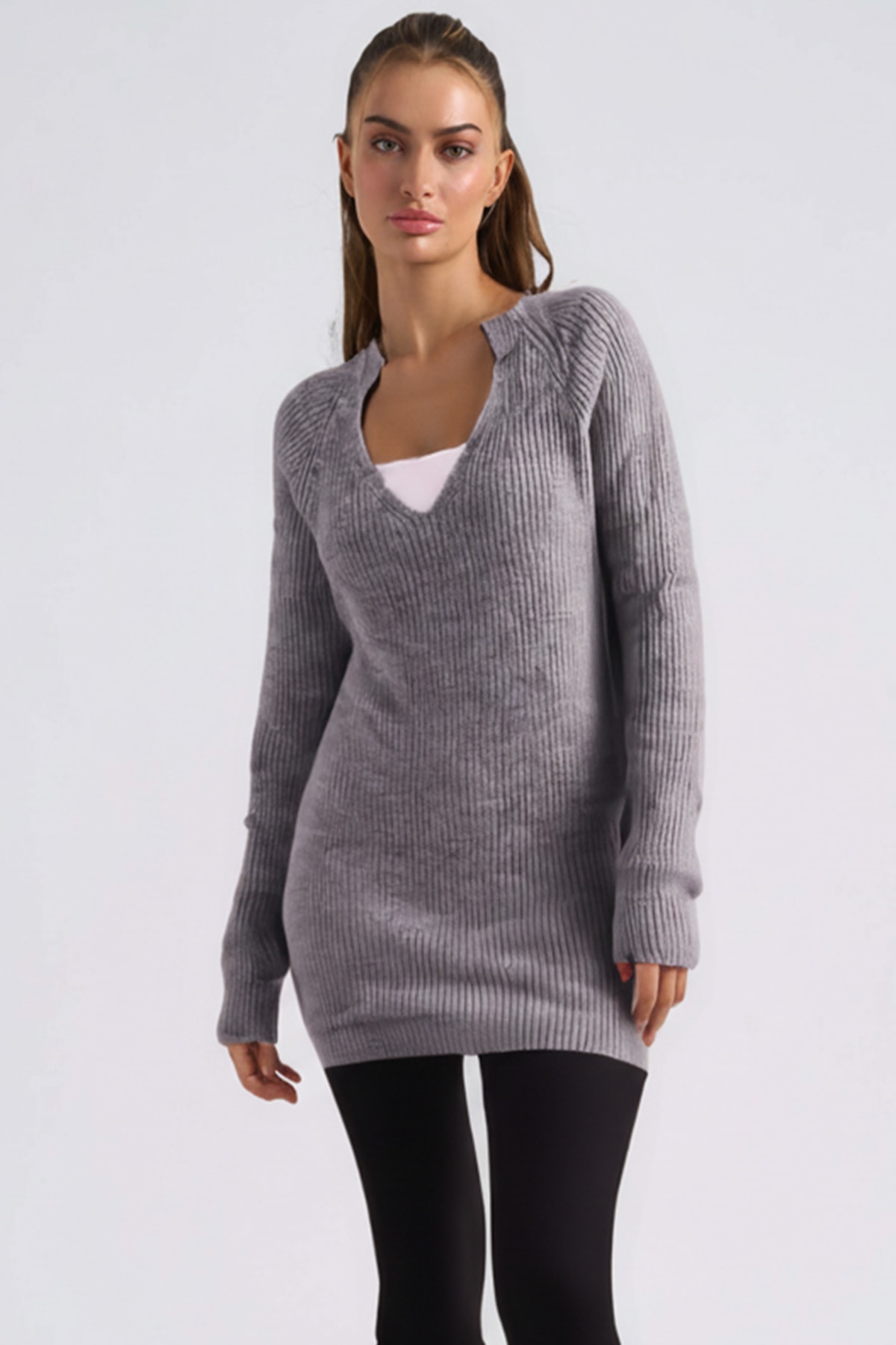 Kadın Gri V Yaka Triko Elbise ARM-26K136054