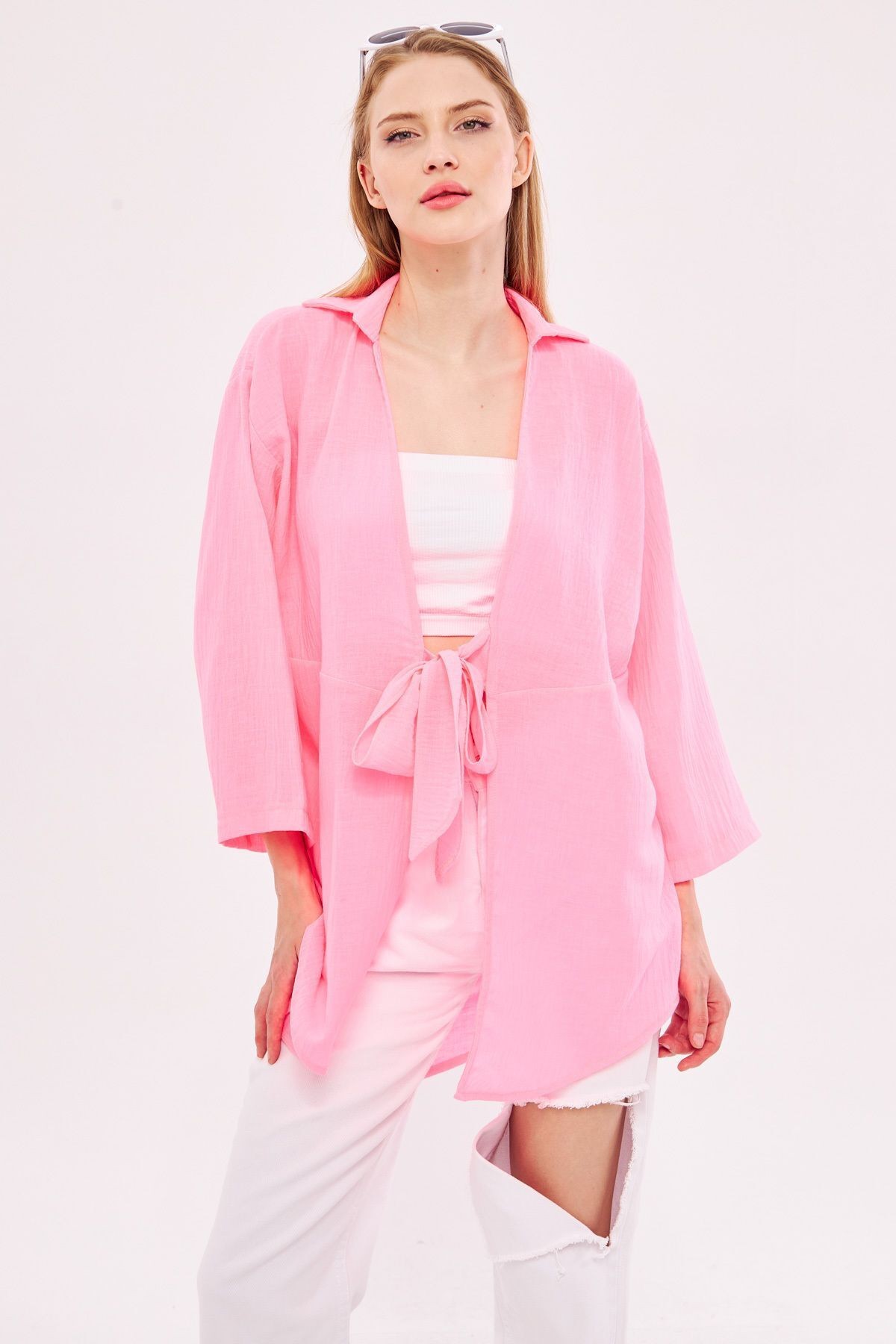 Kadın Neon Pembe Keten Görünümlü Önden Bağlamalı Kimono Gömlek ARM-24Y001063