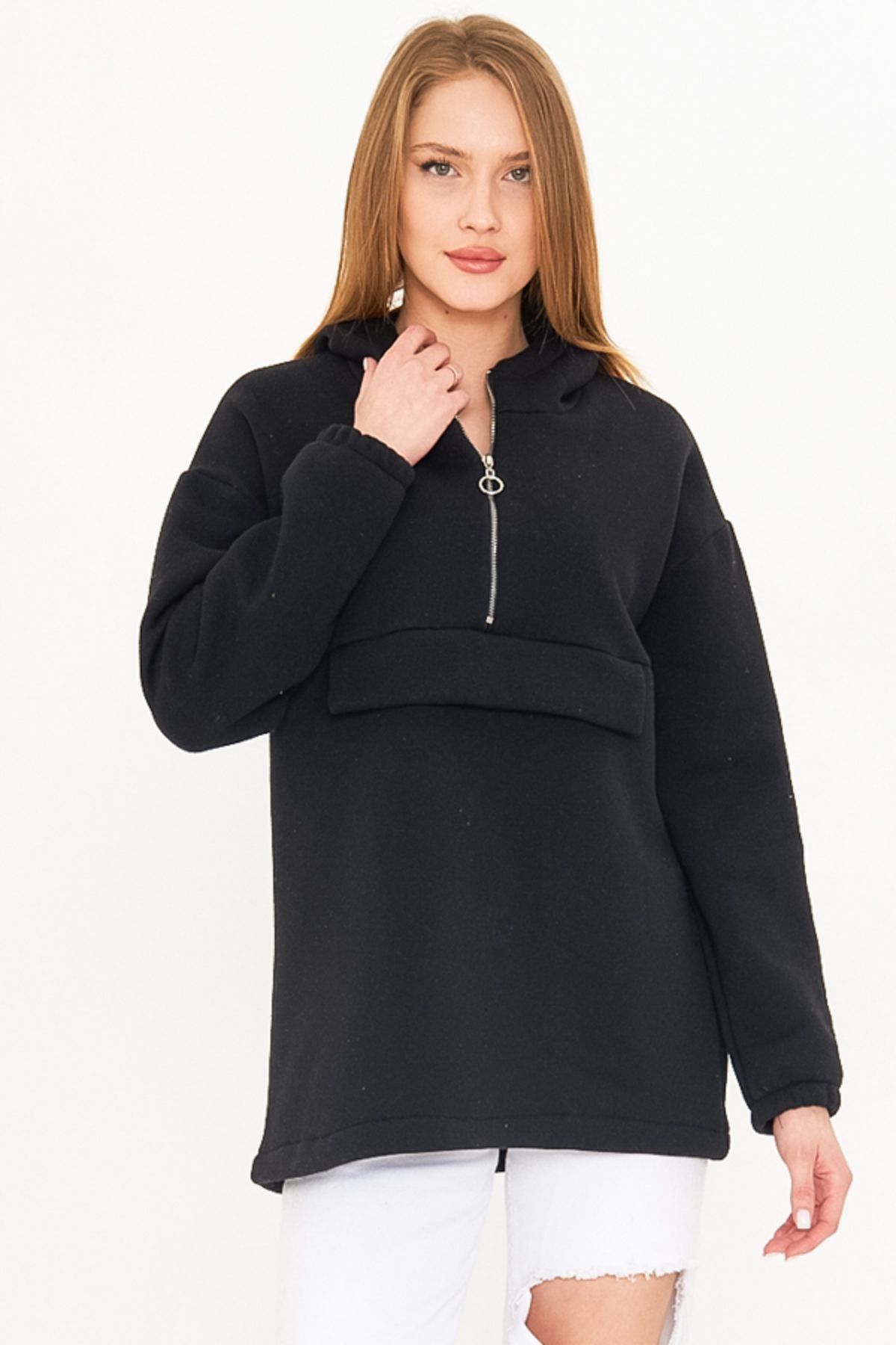 Kadın Siyah Cep Kapaklı Fermuarlı Sweatshirt ARM-22Y001168