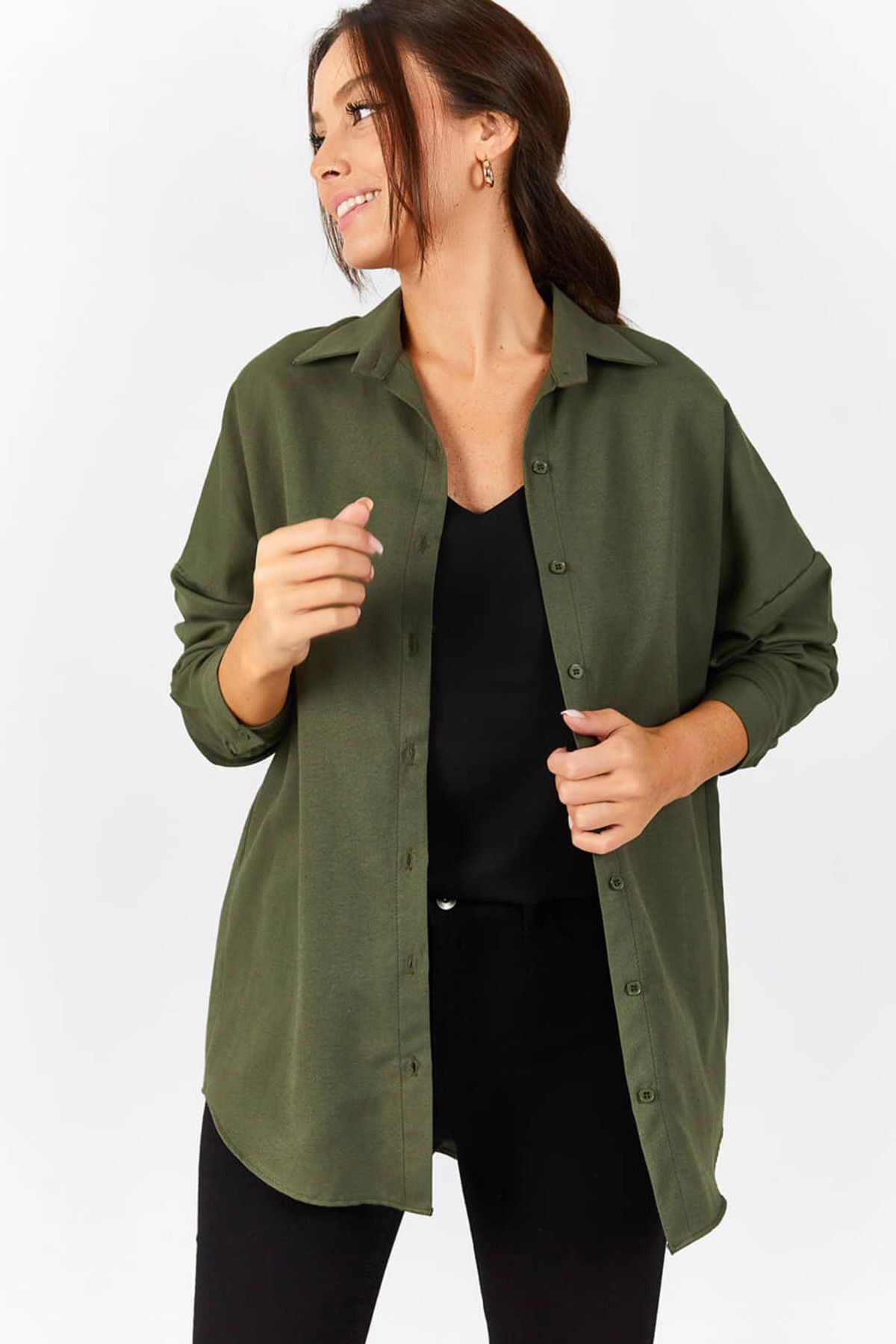 Kadın Haki Oversize Uzun Basic Gömlek ARM-22Y001118