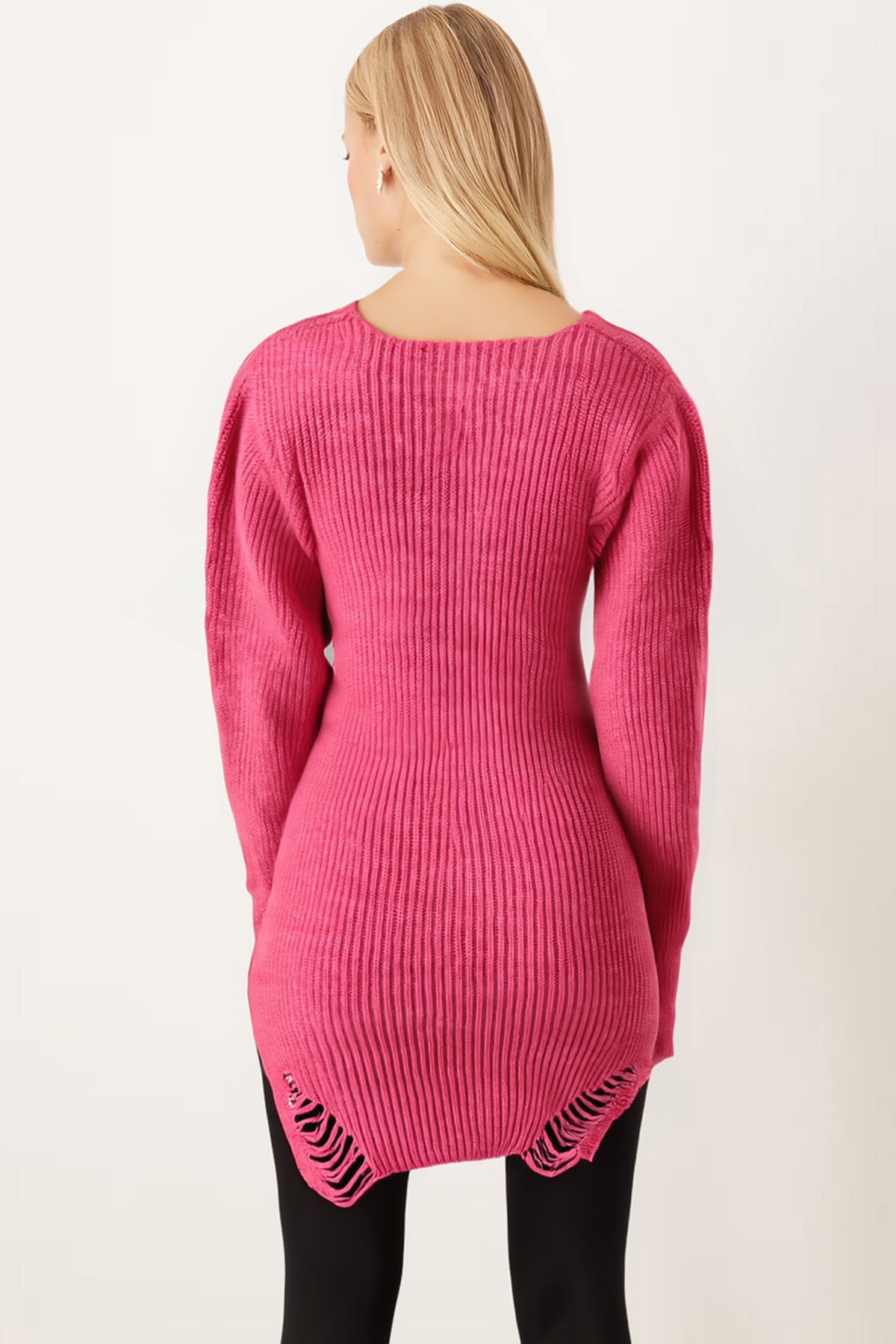 Kadın Fuşya V Yaka Etek Ucu Pullu Triko Elbise ARM-26K136016